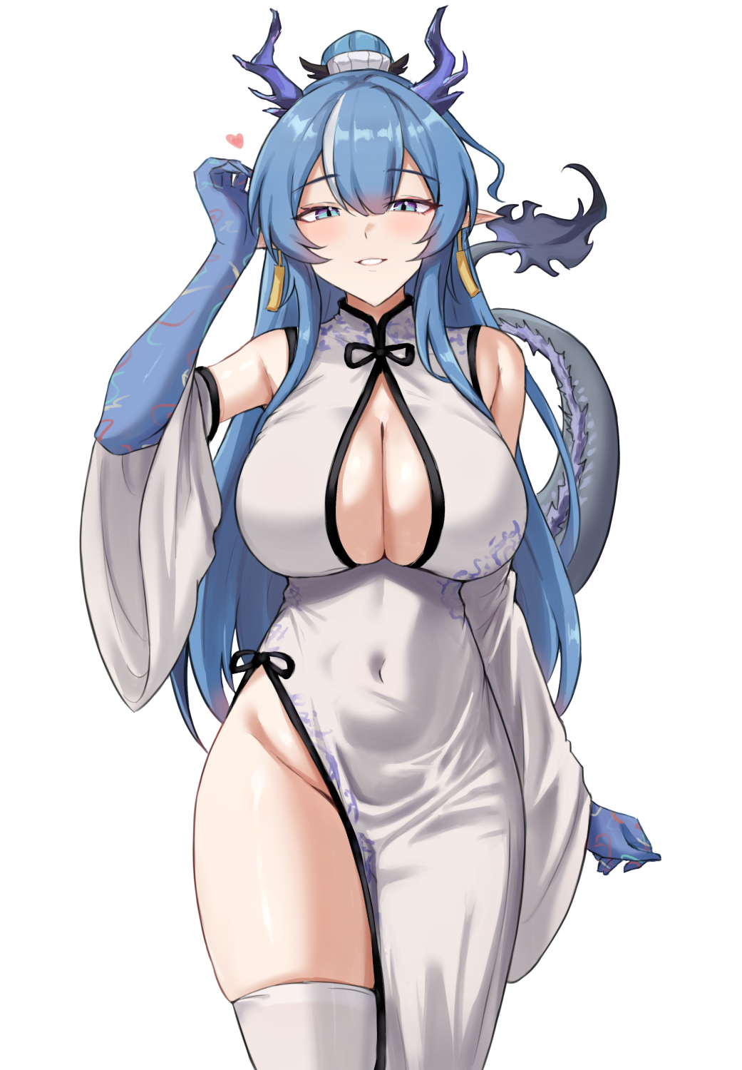 fangs (fangs art), ling (arknights), arknights, commentary, highres, 1girl, alternate costume, blue eyes, blue hair, blue hands, breasts, china dress, chinese clothes, cleavage cutout, clothing cutout, covered navel, detached sleeves, dragon girl, dragon tail, dress, eastern dragon horns, heart, large breasts, long hair, looking at viewer, simple background, solo, tail, thighhighs, thighs, very long hair, white background, white dress, white thighhighs