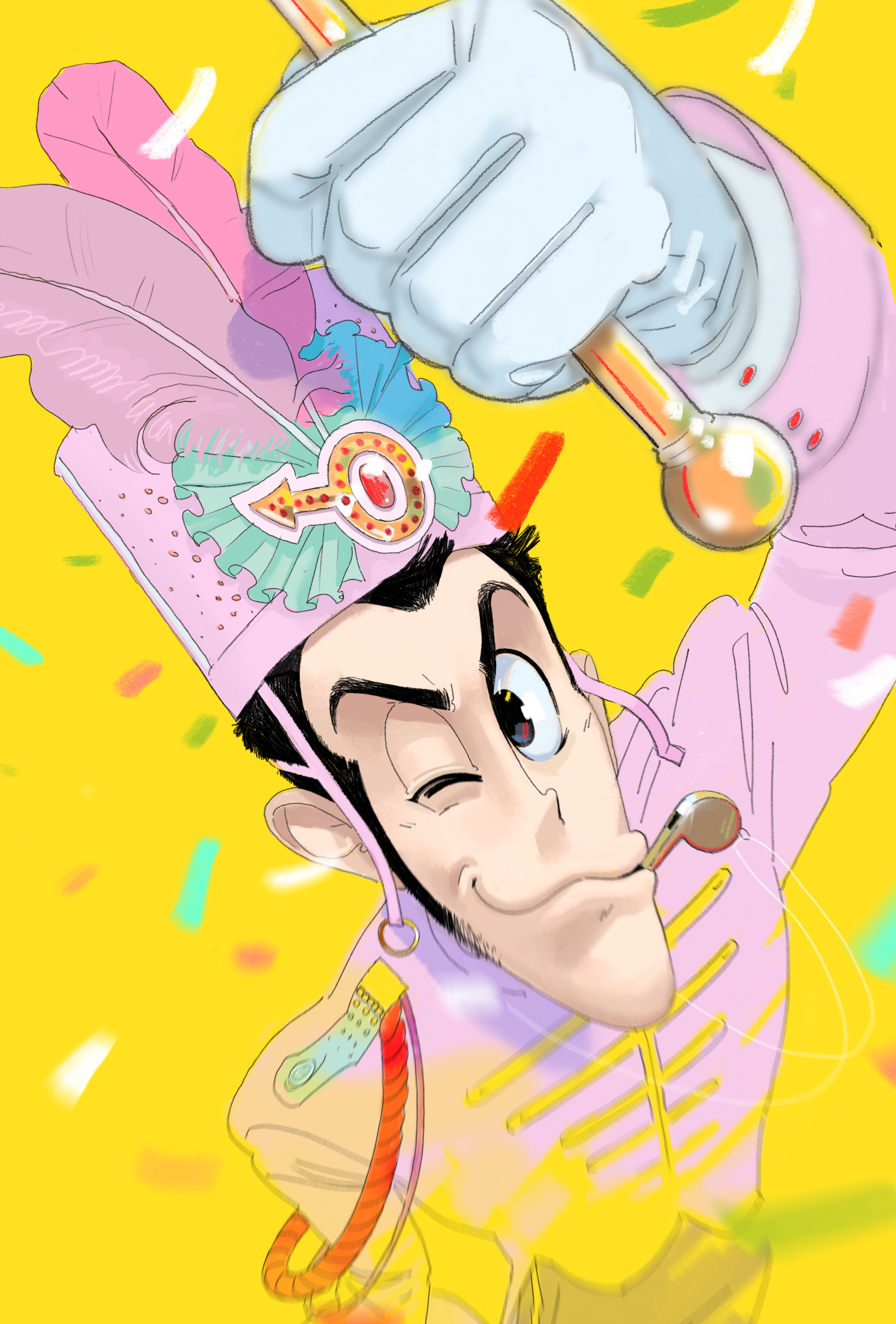 weegeemeister, arsene lupin iii, lupin iii, absurdres, highres, 1boy, band uniform, black hair, conductor baton, confetti, gloves, hat, hat feather, long sideburns, male focus, marching band baton, mouth hold, one eye closed, pink hat, shako cap, sideburns, upper body, whistle, white gloves, yellow background
