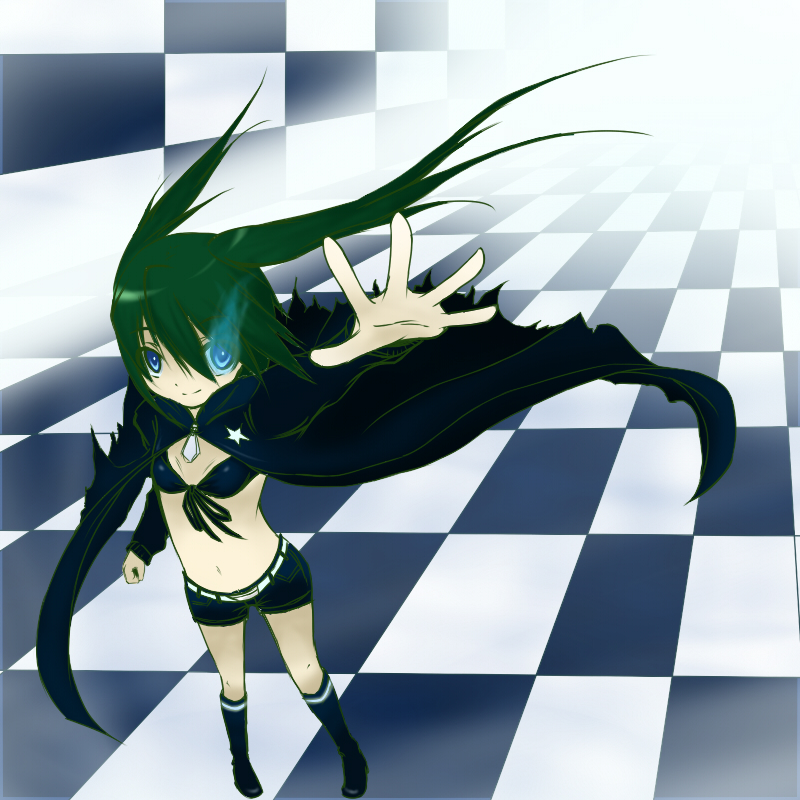 arol, black rock shooter (character), hatsune miku, black rock shooter, vocaloid, 10s, 1girl, belt, bikini, bikini top only, black bikini, black hair, blue eyes, boots, cape, checkered floor, coat, female focus, flat chest, front-tie top, glowing, glowing eye, glowing eyes, hood, hooded jacket, jacket, knee boots, long hair, midriff, navel, short shorts, shorts, smile, solo, star (symbol), staring, swimsuit, twintails, uneven twintails, very long hair, wind, zipper