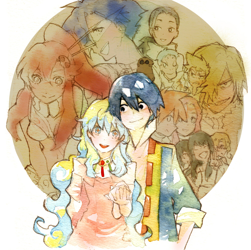 hagiko, boota (ttgl), darry adai, gimmy adai, kamina (ttgl), kinon bachika, kittan bachika, kiyal bachika, kiyoh bachika, leeron littner, nia teppelin, rossiu adai, simon (ttgl), viral (ttgl), yoko littner, tengen toppa gurren lagann, bad id, bad pixiv id, traditional media, 00s, 6+boys, 6+girls, holding hands, kamina shades, multiple boys, multiple girls, triangular eyewear