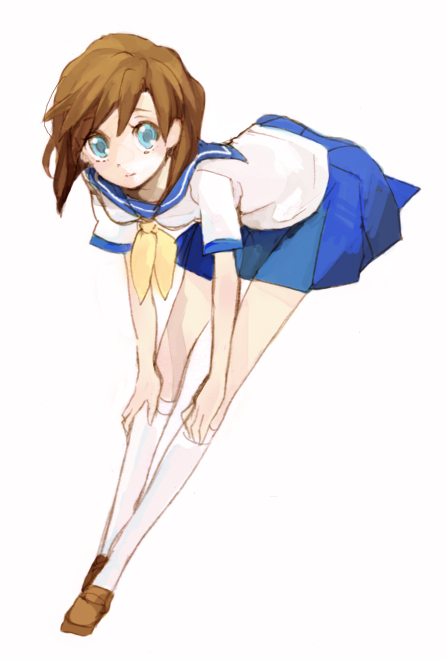 hagiko, ryuuguu rena, higurashi no naku koro ni, bad id, bad pixiv id, 00s, 1girl, bent over, blue eyes, brown hair, female focus, hands on own knees, school uniform, serafuku, solo