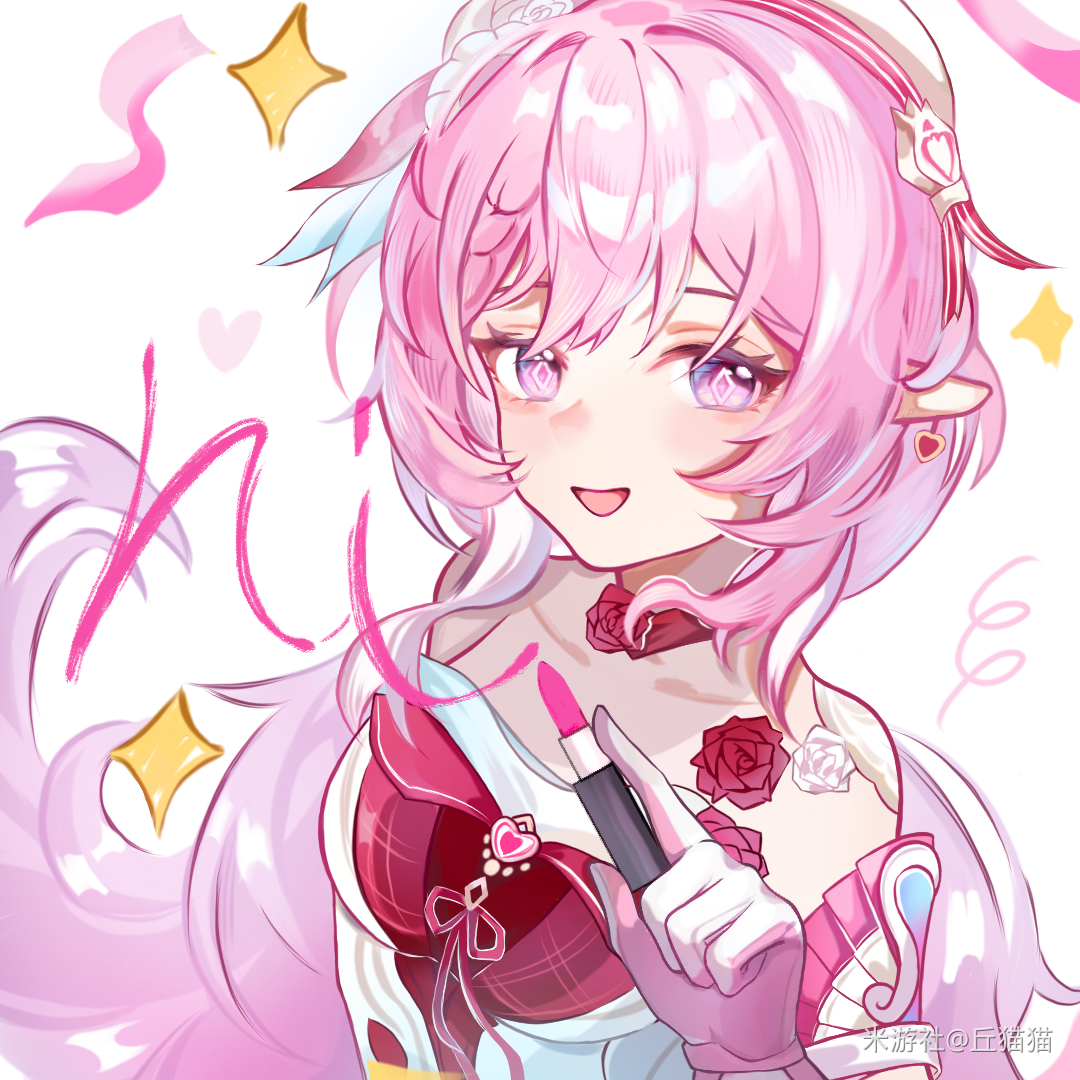 elysia (hi elf of love) (honkai impact), elysia (honkai impact), honkai (series), honkai impact 3rd, chinese commentary, commentary request, 1girl, bare shoulders, breasts, cosmetics, diamond-shaped pupils, diamond (shape), dress, earrings, elf, heart, heart earrings, holding, holding lipstick tube, jewelry, lipstick tube, long hair, looking at viewer, medium breasts, miyoushe watermark, multicolored hair, open mouth, pink hair, pointy ears, purple eyes, qiumao, red dress, solo, star (symbol), symbol-shaped pupils, two-tone hair, very long hair, watermark, white background, white hair