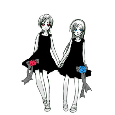 diva, diva (blood+), otonashi saya, blood+, lowres, 00s, 2girls, blue eyes, blue rose, dress, flower, monochrome, multiple girls, red eyes, rose, siblings, sisters, spot color, twins