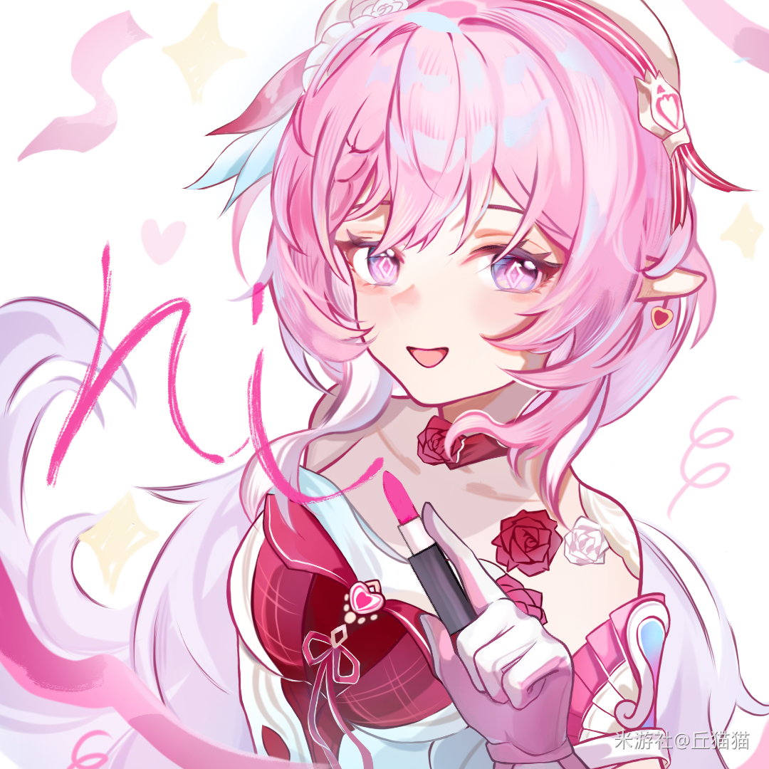 elysia (hi elf of love) (honkai impact), elysia (honkai impact), honkai (series), honkai impact 3rd, chinese commentary, commentary request, 1girl, bare shoulders, breasts, cosmetics, diamond-shaped pupils, diamond (shape), dress, earrings, elf, heart, heart earrings, holding, holding lipstick tube, jewelry, lipstick tube, long hair, looking at viewer, medium breasts, miyoushe watermark, multicolored hair, open mouth, pink hair, pointy ears, purple eyes, qiumao, red dress, solo, symbol-shaped pupils, two-tone hair, very long hair, watermark, white background, white hair