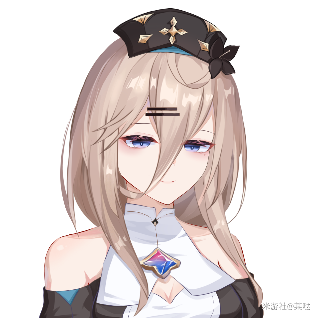 aponia, honkai (series), honkai impact 3rd, chinese commentary, commentary request, 1girl, bare shoulders, black dress, blonde hair, blue eyes, breasts, cleavage, cleavage cutout, clothing cutout, dress, hat, large breasts, medium hair, miyoushe watermark, mole, mole under eye, nurse, nurse cap, official alternate costume, qiumao, simple background, smile, solo, watermark, white background