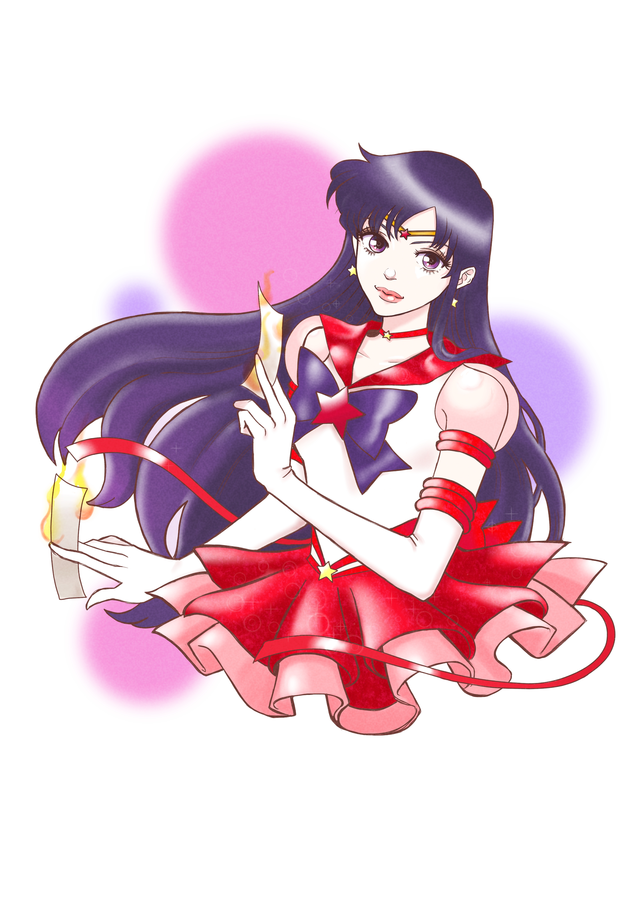 wheather, hino rei, sailor mars, super sailor mars (stars), bishoujo senshi sailor moon, bishoujo senshi sailor moon stars, absurdres, highres, black hair, bow, bowtie, brooch, burning, burning paper, choker, circlet, collarbone, earrings, elbow gloves, fire, gloves, jewelry, layered skirt, lips, long hair, ofuda, pink skirt, pleated skirt, puffy short sleeves, puffy sleeves, purple bow, purple bowtie, purple eyes, red brooch, red sailor collar, red skirt, sailor collar, sailor senshi, sailor senshi uniform, short sleeves, skirt, smile, star (symbol), star brooch, star choker, star earrings, swept bangs, very long hair, white gloves, yellow star
