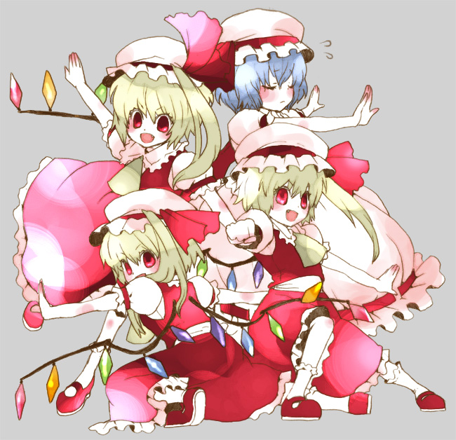 lan. (pixiv), ryuuzaki (ereticent), flandre scarlet, remilia scarlet, touhou, 4girls, blonde hair, blue hair, blush, clone, closed eyes, embarrassed, female focus, hat, mob cap, multiple girls, multiple persona, odd one out, outstretched arms, purple hair, red eyes, siblings, side ponytail, sisters, spread arms, squatting, wings