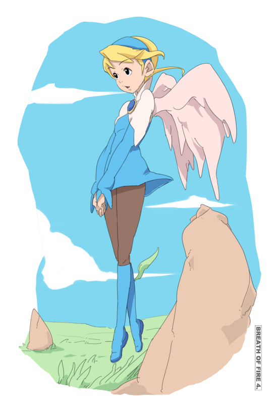 yupii, nina (breath of fire iv), breath of fire, breath of fire iv, bad id, bad pixiv id, 1girl, angel wings, blonde hair, blue boots, boots, breasts, cloud, day, dress, female focus, grass, hairband, knee boots, outdoors, pantyhose, short hair, skirt, sky, small breasts, solo, staff, white wings, wings