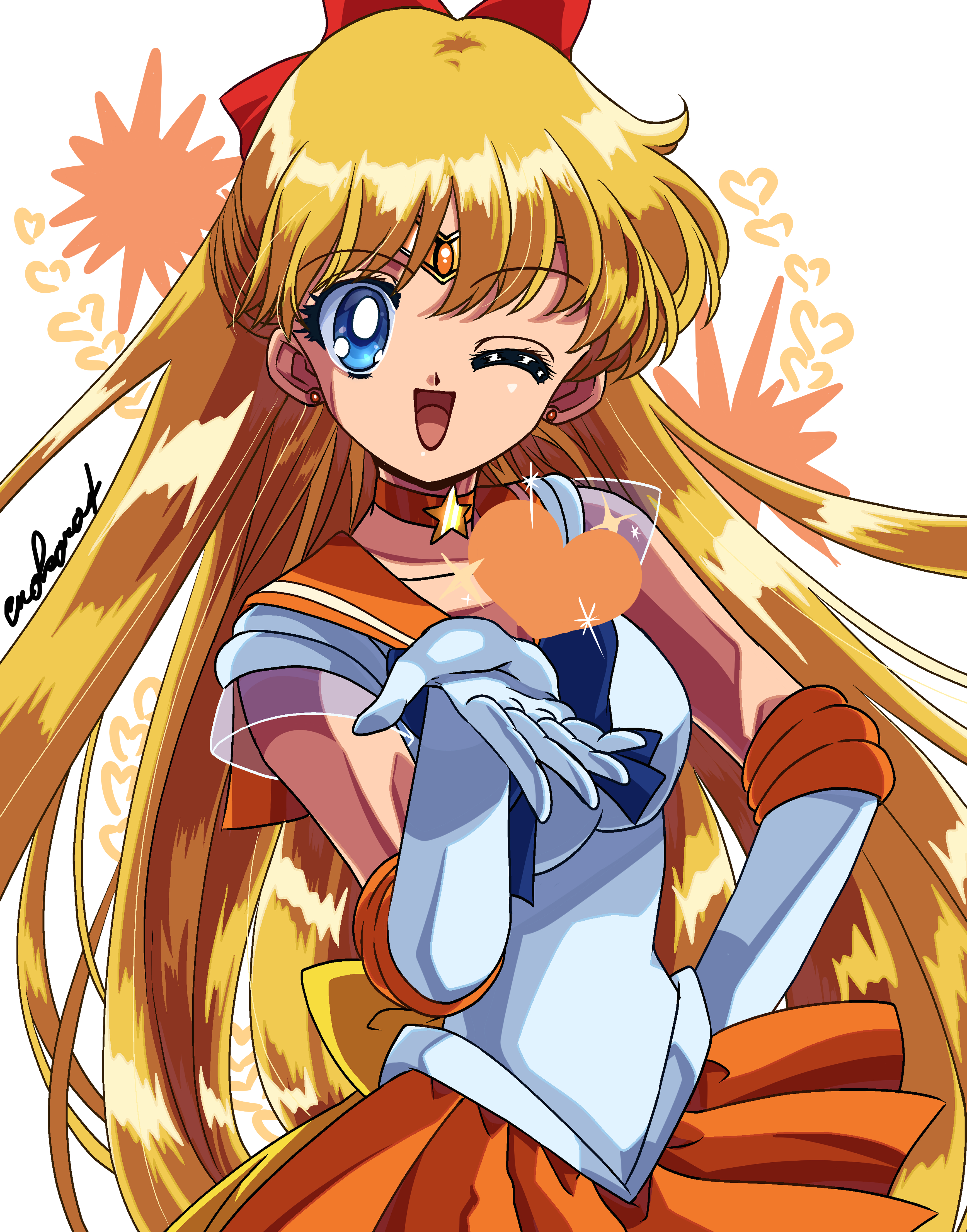 aino minako, sailor venus, super sailor venus, bishoujo senshi sailor moon, absurdres, highres, 1girl, akasi0807, back bow, blonde hair, blue eyes, bow, choker, circlet, earrings, elbow gloves, gem, gloves, hair bow, heart, jewelry, long hair, one eye closed, orange choker, orange gemstone, orange sailor collar, orange skirt, pleated skirt, red bow, sailor collar, sailor senshi uniform, skirt, smile, solo, stud earrings, swept bangs, white gloves