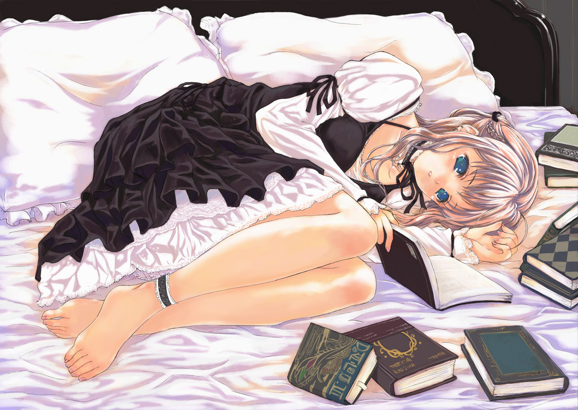 mikazukimo, silver hair, barefoot, bed, blue eyes, book, dress, feet, frills, legs, lying, open book, pillow, reading, solo, toes