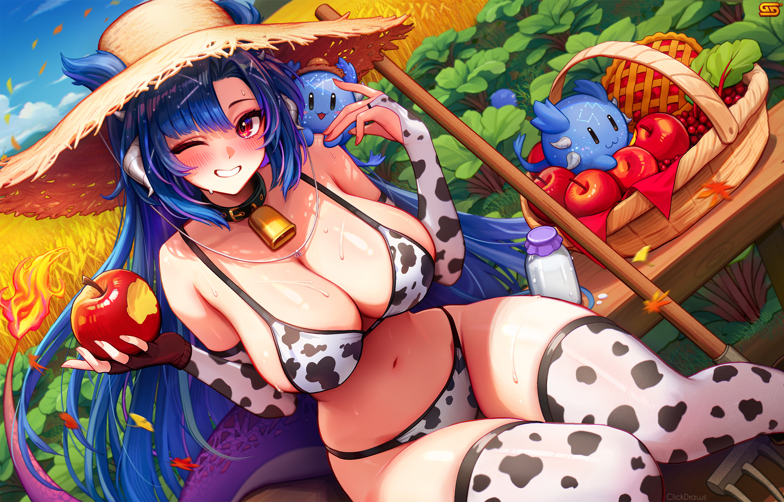 clickdraws, vienna (vtuber), indie virtual youtuber, commentary, english commentary, highres, 1girl, animal print, apple, bare shoulders, bell, bikini, black choker, blue hair, bottle, breasts, bridal gauntlets, choker, cleavage, cow print, cow print bikini, cow print thighhighs, cowbell, creature, day, dragon horns, dragon tail, dutch angle, farm, fingerless gloves, food, fruit, gloves, grin, hair through headwear, hands up, hat, holding, holding food, holding fruit, horns, large breasts, long hair, looking at viewer, milk bottle, navel, one eye closed, outdoors, print bikini, print thighhighs, red eyes, single glove, sitting, smile, solo, stomach, straw hat, string bikini, swimsuit, tail, thighhighs, thighs, very long hair, virtual youtuber, wet, white bikini, white thighhighs