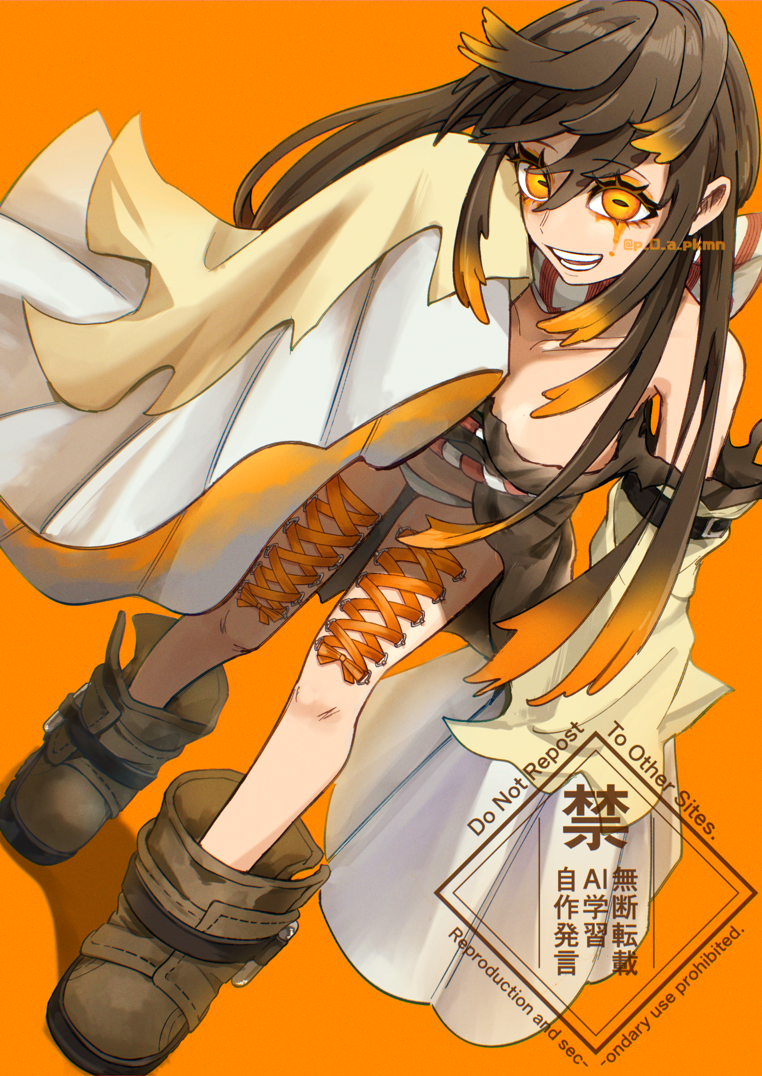 p 0 a, amo empool, gachiakuta, absurdres, highres, 1girl, black dress, boots, brown boots, brown hair, colored tips, corset piercing, detached sleeves, dress, dutch angle, full body, long hair, looking at viewer, multicolored hair, open mouth, orange eyes, orange hair, orange ribbon, ribbon, simple background, sleeves past fingers, sleeves past wrists, smile, solo, white sleeves