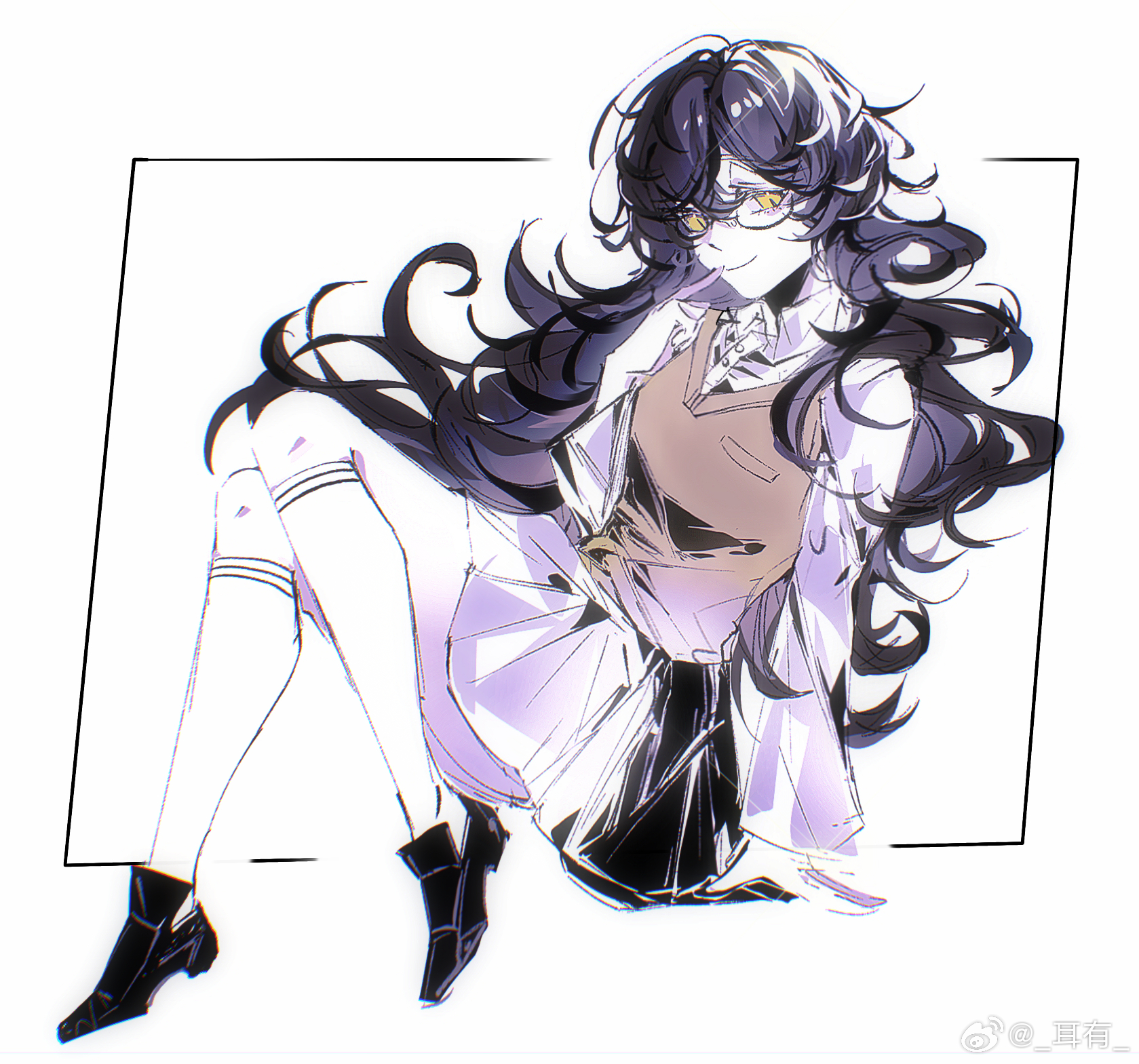 chinese commentary, commentary request, highres, 1girl, black hair, black shoes, black skirt, brown vest, buttons, closed mouth, collared shirt, dragon raja (jiang nan), eryou (weibo 6985901373), full body, genderswap, genderswap (mtf), glasses, invisible chair, kneehighs, long hair, long sleeves, lu mingze, miniskirt, pale skin, pleated skirt, semi-rimless eyewear, shirt, shoes, sitting, skirt, smile, socks, solo, very long hair, vest, watermark, weibo watermark, white background, white shirt, white socks, yellow eyes