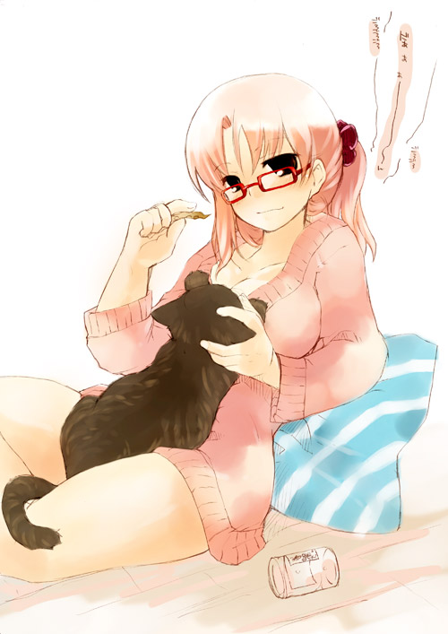 misaki kozue, original, 1girl, breasts, cat, female focus, glasses, medium breasts, midriff, pink hair, ponytail, solo