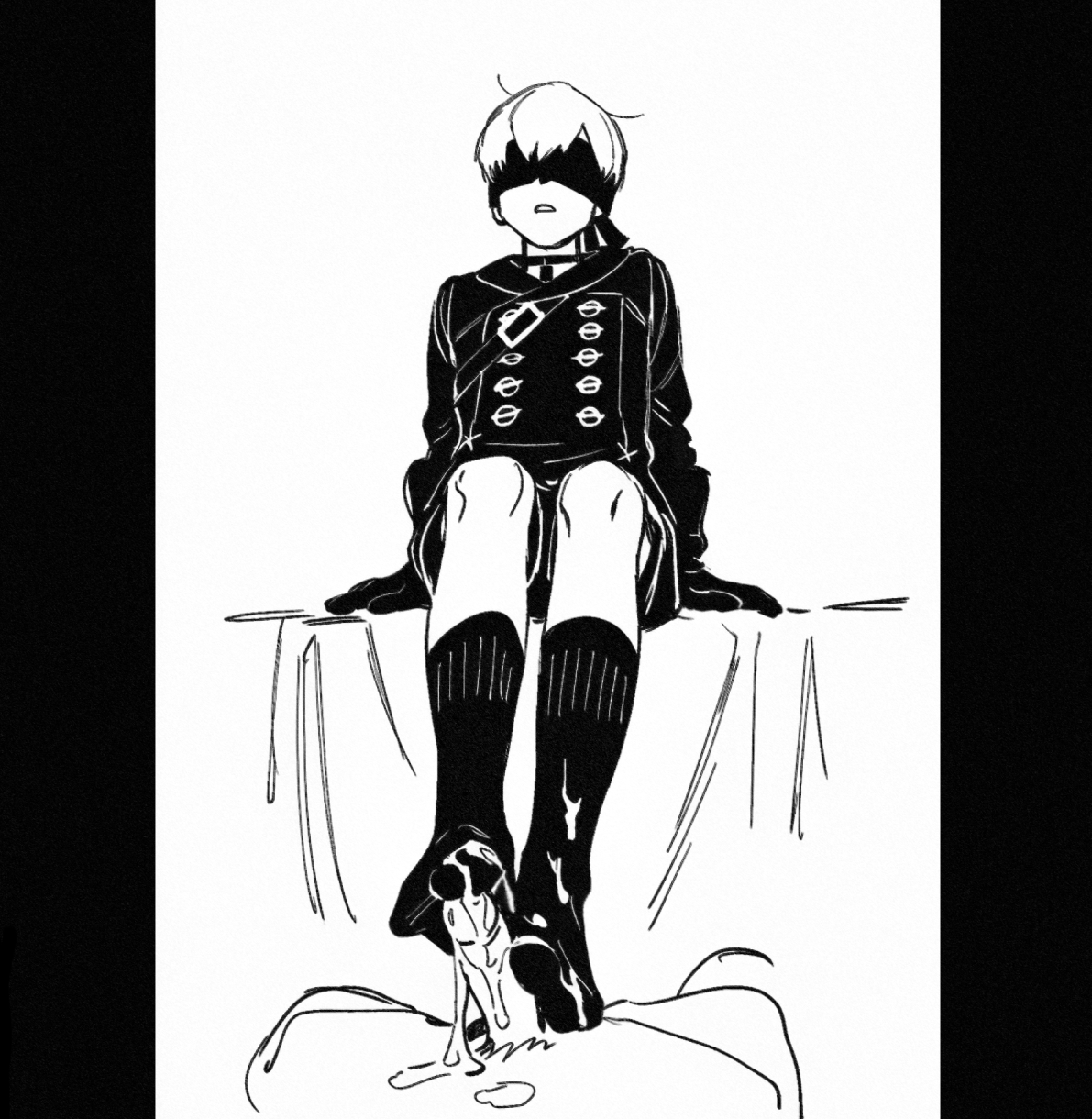 gmgshmtcbn, 9s (nier:automata), nier:automata, nier (series), commentary, highres, 2boys, after ejaculation, bed, blindfold, covered eyes, cum, cum on body, cum on feet, erection, footjob, gloves, high contrast, long sleeves, male focus, monochrome, multiple boys, no shoes, on bed, parted lips, penis, pillarboxed, pov, pov crotch, ribbed socks, short hair, shorts, sitting, sketch, socks, two-footed footjob, uncensored, yaoi