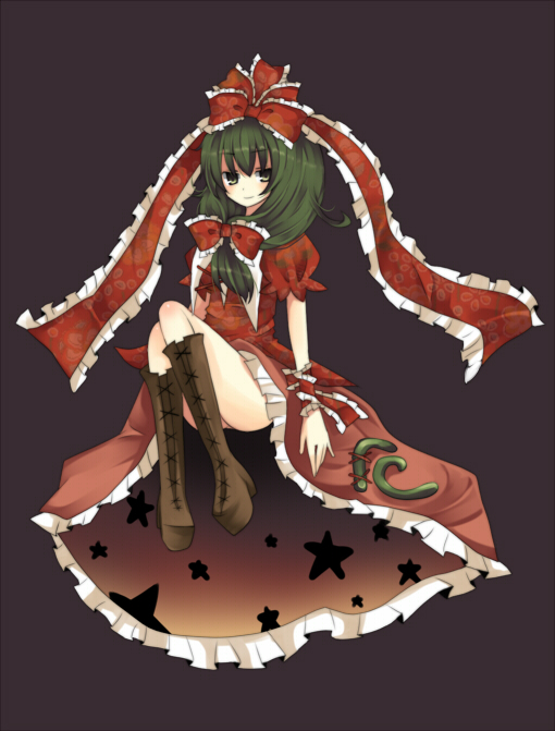 umi (umi02), kagiyama hina, touhou, 1girl, arms at sides, bare legs, boots, brown boots, dress, female focus, frills, front ponytail, full body, green eyes, green hair, knee boots, knees together feet apart, looking at viewer, matching hair/eyes, puffy short sleeves, puffy sleeves, red background, red dress, shawl, short hair, short sleeves, simple background, sitting, solo, thighs, wrist cuffs