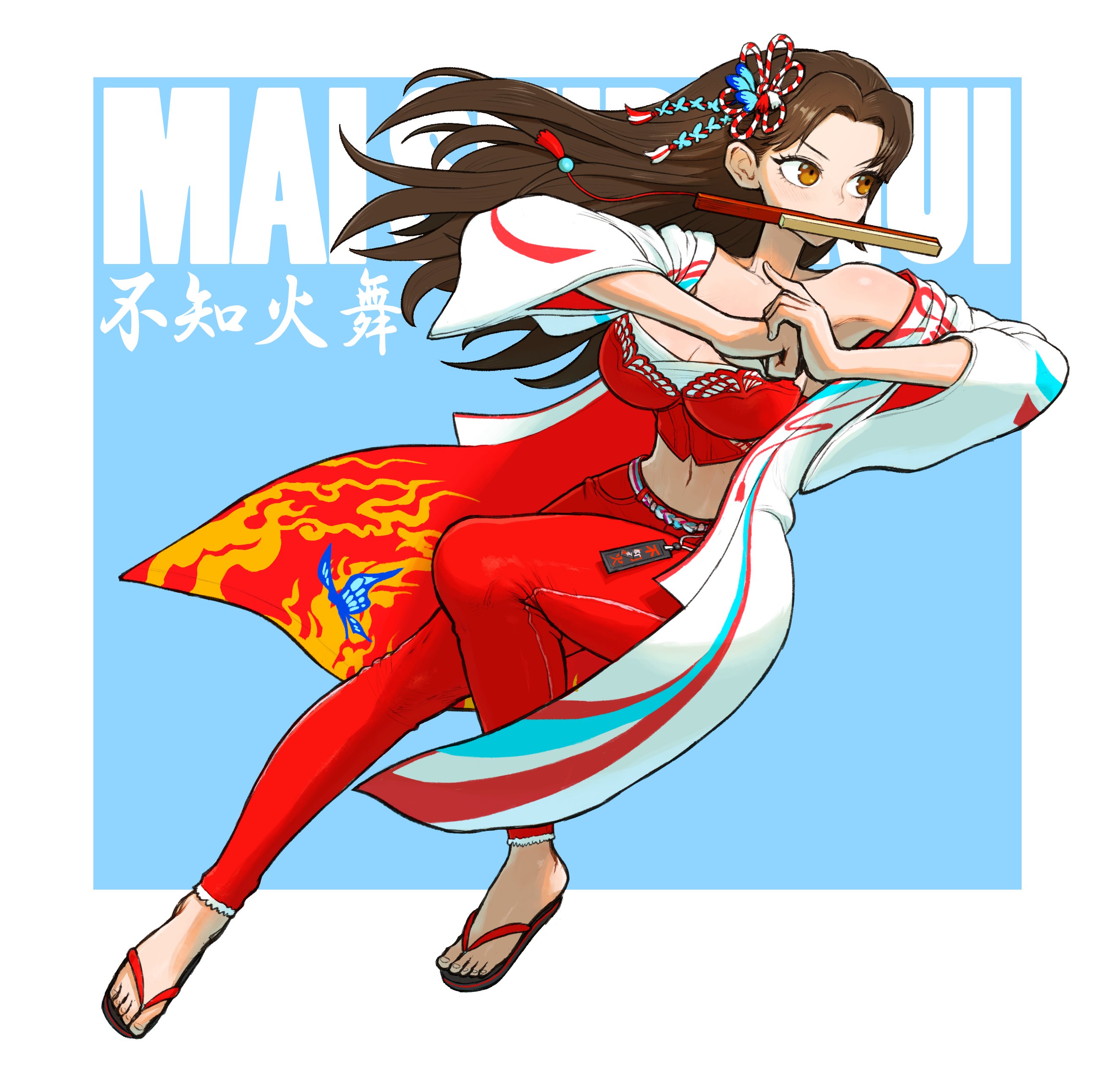 dattosan, shiranui mai, fatal fury, street fighter, street fighter 6, absurdres, commentary, english commentary, highres, 1girl, border, breasts, brown eyes, brown hair, character name, collarbone, fighting stance, floating hair, full body, hair ornament, hand fan, large breasts, long hair, looking to the side, midriff, mouth hold, navel, official alternate costume, outside border, pants, parted bangs, red bustier, red pants, sandals, single bare shoulder, solo, strapless, tight clothes, tight pants, white border