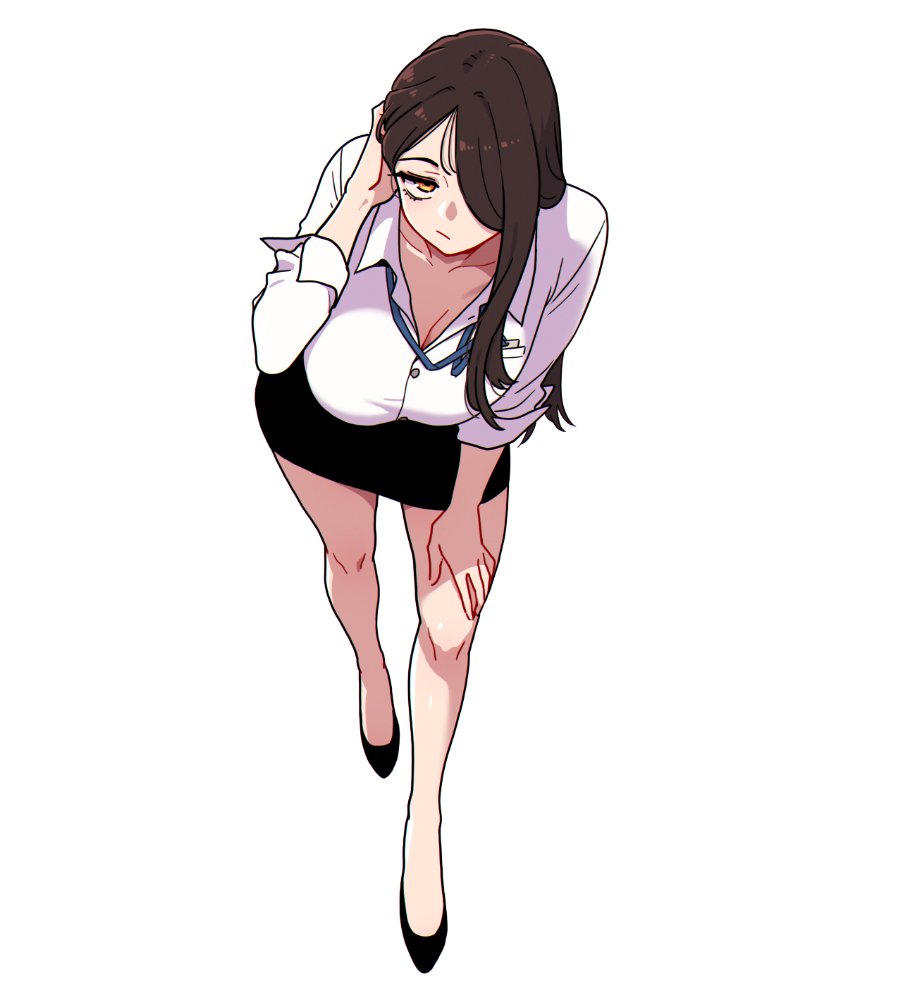 royal tea, original, 1girl, black skirt, breasts, brown hair, collared shirt, dress shirt, foreshortening, full body, hair over one eye, large breasts, leaning forward, office lady, orange eyes, pencil skirt, shirt, simple background, skirt, solo, white background, white shirt