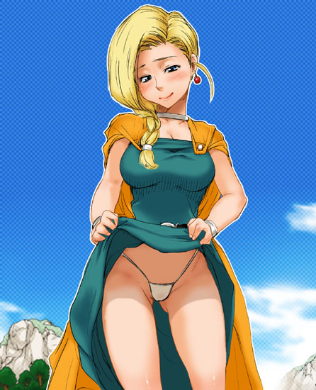 nagi raiun, bianca (dq5), dragon quest, dragon quest v, 1girl, blonde hair, blue eyes, blush, braid, cape, clothes lift, dress, dress lift, female focus, hair over shoulder, panties, single braid, skirt, skirt lift, solo, underwear