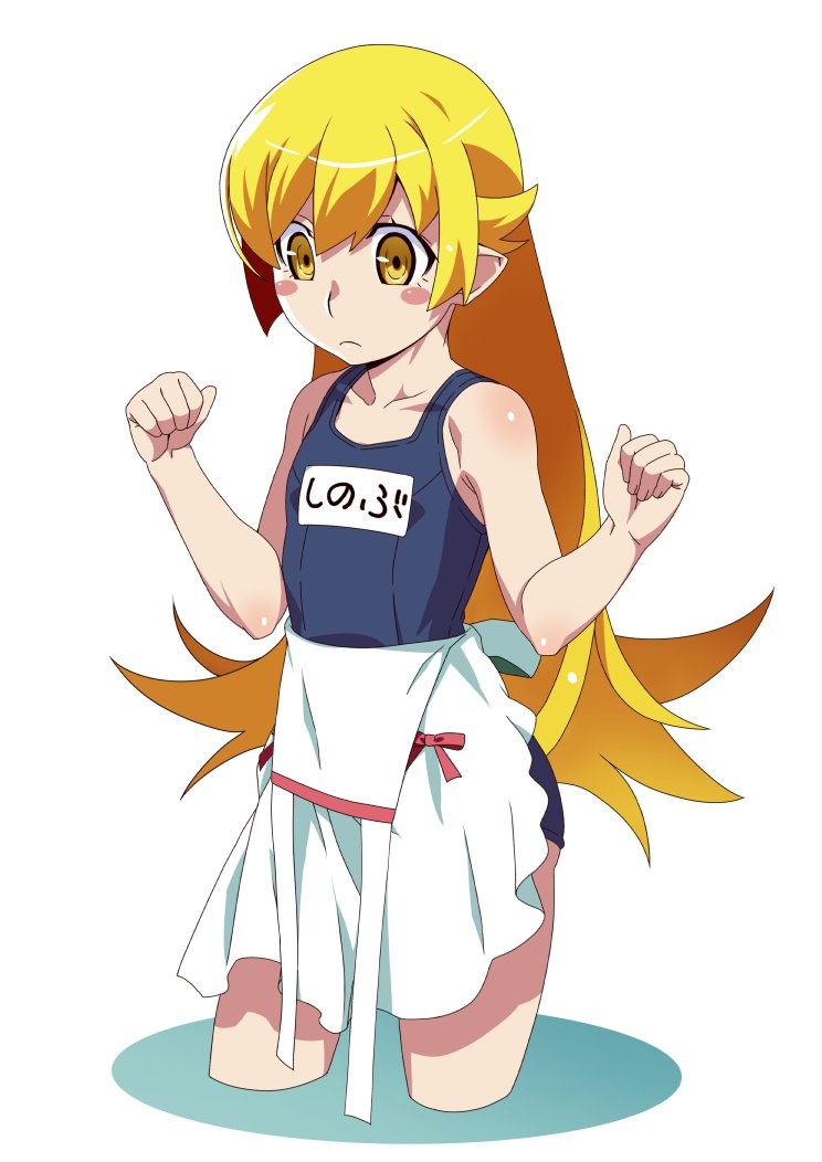 gesugesu ahoaho, oshino shinobu, monogatari (series), apron, black one-piece swimsuit, blonde hair, blush stickers, bow, clenched hands, closed mouth, collarbone, cowboy shot, cropped legs, elbow blush, expressionless, flat chest, flipped hair, from side, hair flaps, jewelry, long hair, looking down, name tag, one-piece swimsuit, pointy ears, red bow, ringed eyes, school swimsuit, shadow, shoulder blush, swimsuit, swimsuit under clothes, untied apron, very long hair, w arms, waist bow, white apron, white background, yellow eyes