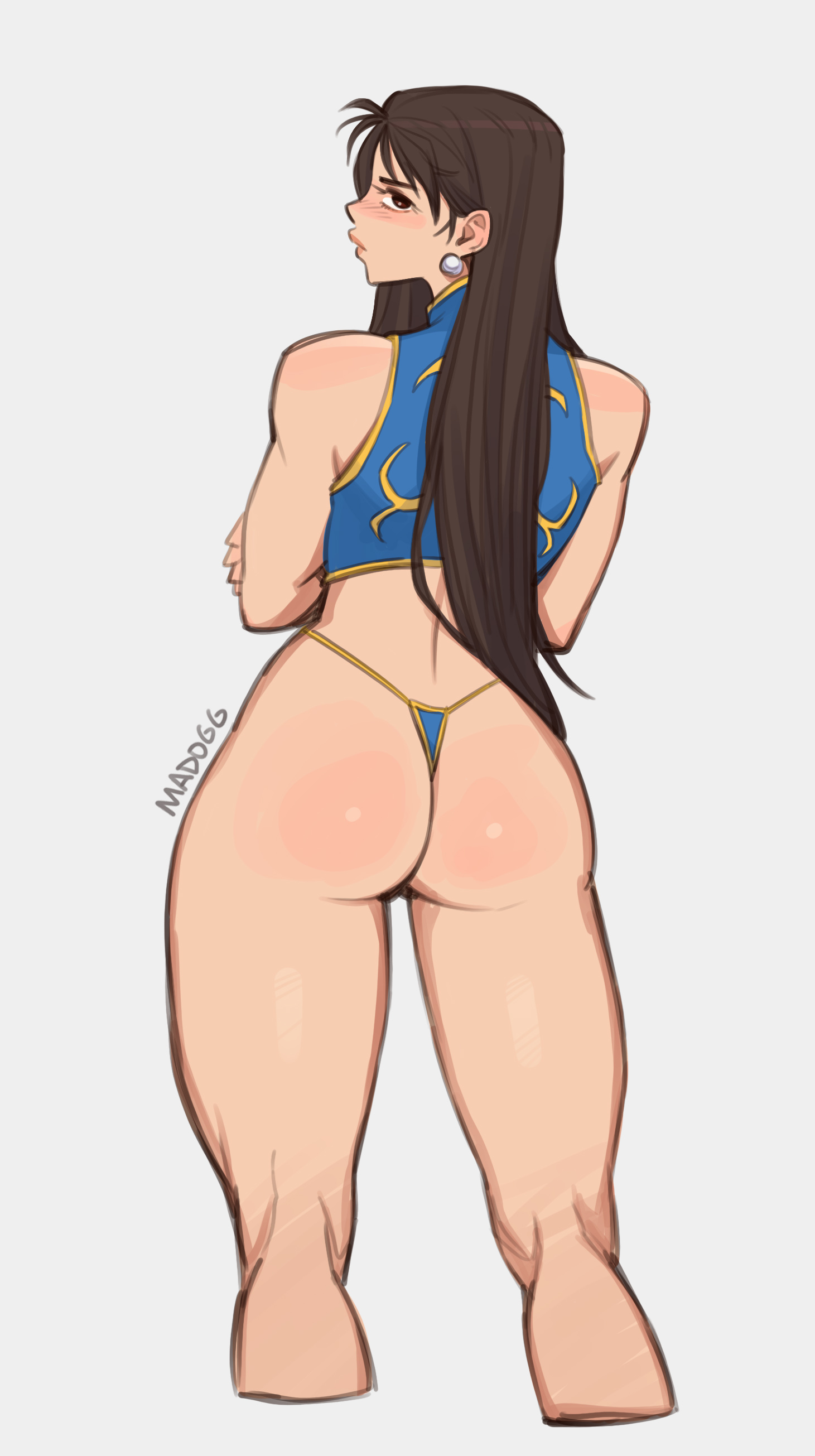 madogg, chun-li, capcom, street fighter, street fighter zero (series), absurdres, commentary, highres, 1girl, alternate hairstyle, artist name, ass, ass focus, bare shoulders, blush, brown eyes, brown hair, closed mouth, crop top, cropped legs, crossed arms, earrings, from behind, grey background, jewelry, kneepits, long hair, looking at viewer, looking back, no pants, panties, pearl earrings, simple background, solo, string panties, thighs, thong, underwear