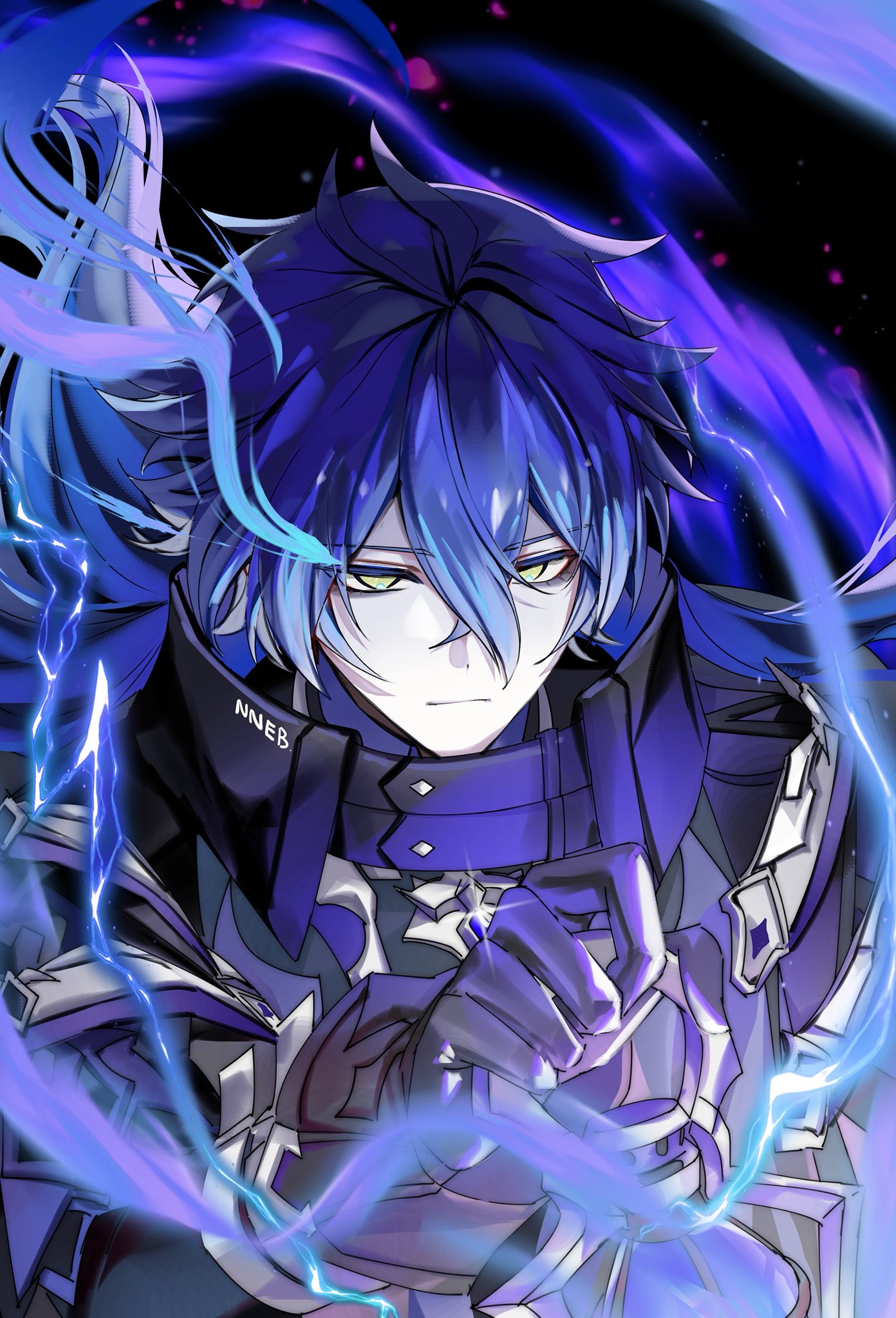 flins (genshin impact), genshin impact, commentary, highres, 1boy, :|, artist name, black coat, black gloves, blue fire, blue hair, closed mouth, coat, collared coat, crossed bangs, empty eyes, fire, gloves, hair between eyes, high collar, holding, holding lantern, lantern, long sleeves, male focus, nanaebii, sleeve cuffs, solo, upper body, yellow eyes