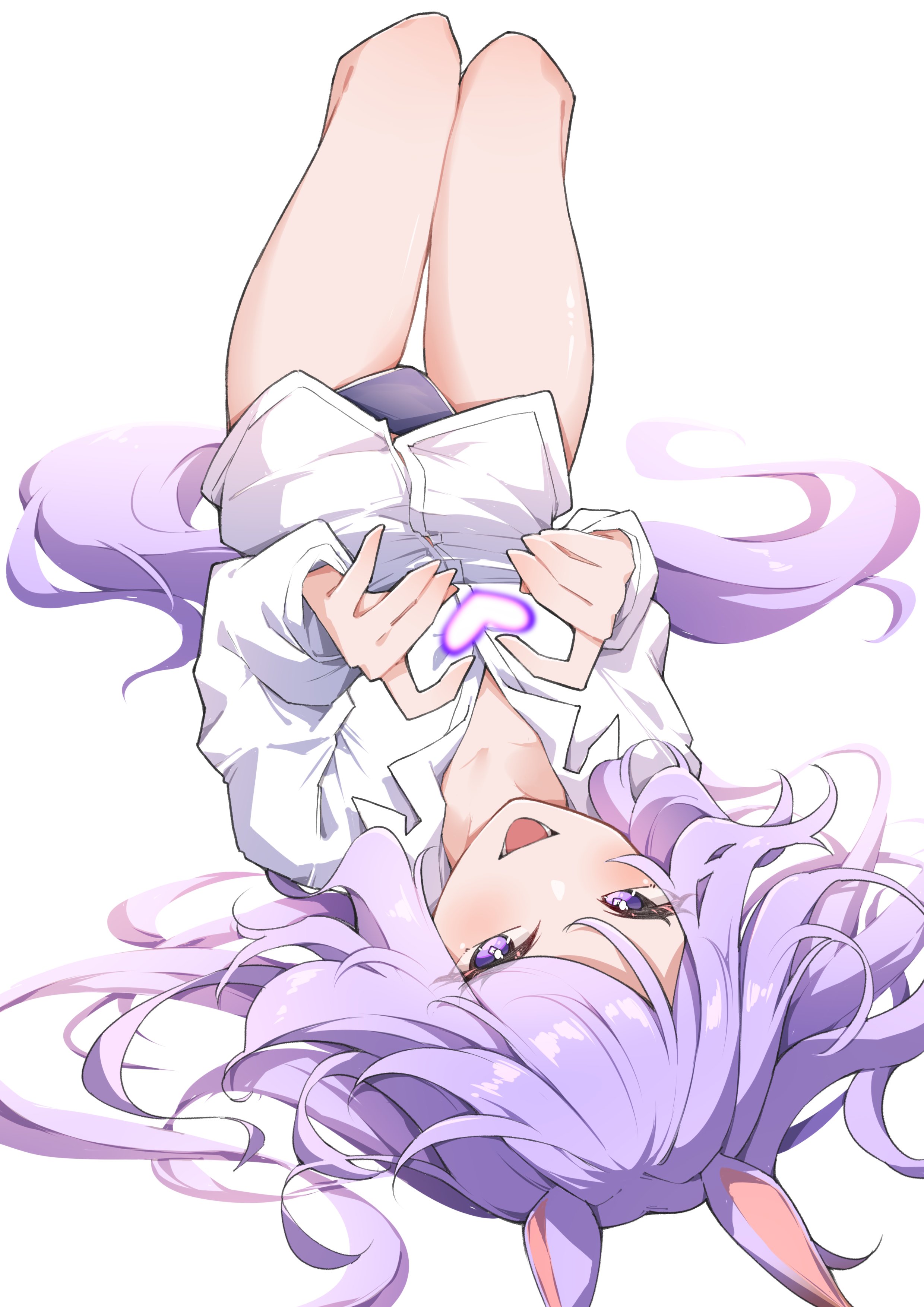 airenif, mejiro mcqueen (umamusume), umamusume, absurdres, hashtag-only commentary, highres, 1girl, animal ears, collared shirt, dress shirt, heart, horse ears, horse girl, horse tail, long hair, looking at viewer, lying, on back, open mouth, panties, purple eyes, purple hair, purple panties, shirt, simple background, smile, solo, tail, teeth, underwear, white background, white shirt