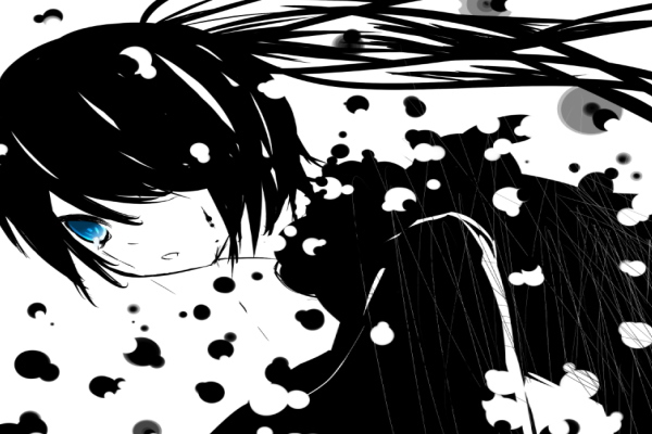 sizu ruri, black rock shooter (character), hatsune miku, black rock shooter, vocaloid, bad id, bad pixiv id, 10s, 1girl, black hair, blue eyes, coat, female focus, greyscale, hair over one eye, hood, hooded jacket, jacket, monochrome, pale skin, solo, spot color, tears