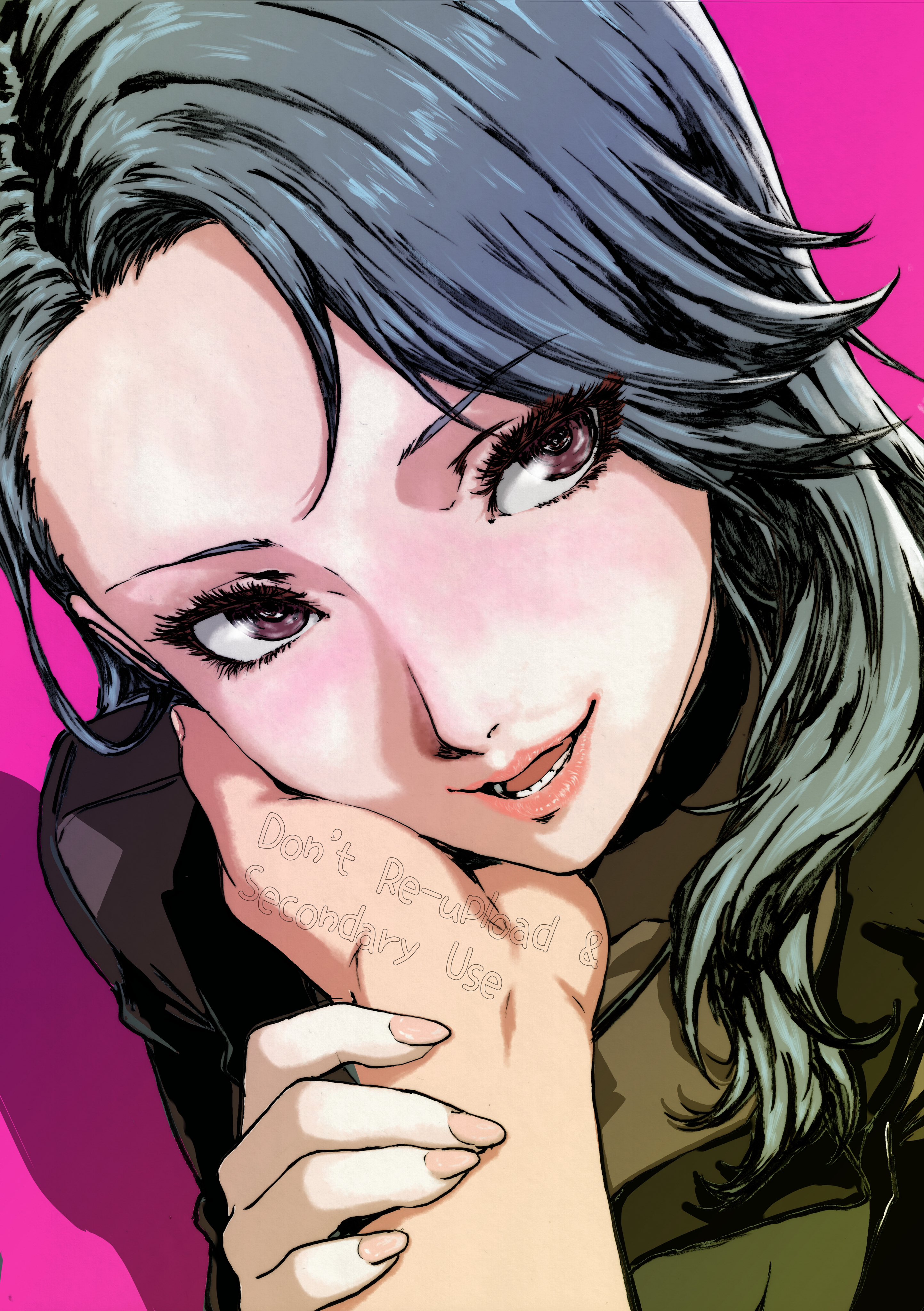 oeilvert fft, niijima sae, persona, persona 5, absurdres, highres, mixed-language commentary, 1girl, 1other, blush, brown eyes, eyelashes, grey hair, hair over shoulder, hand on another's arm, hand on another's cheek, hand on another's face, lips, long hair, looking at viewer, open mouth, pink background, pink lips, pink nails, pov, pov hands, upper body