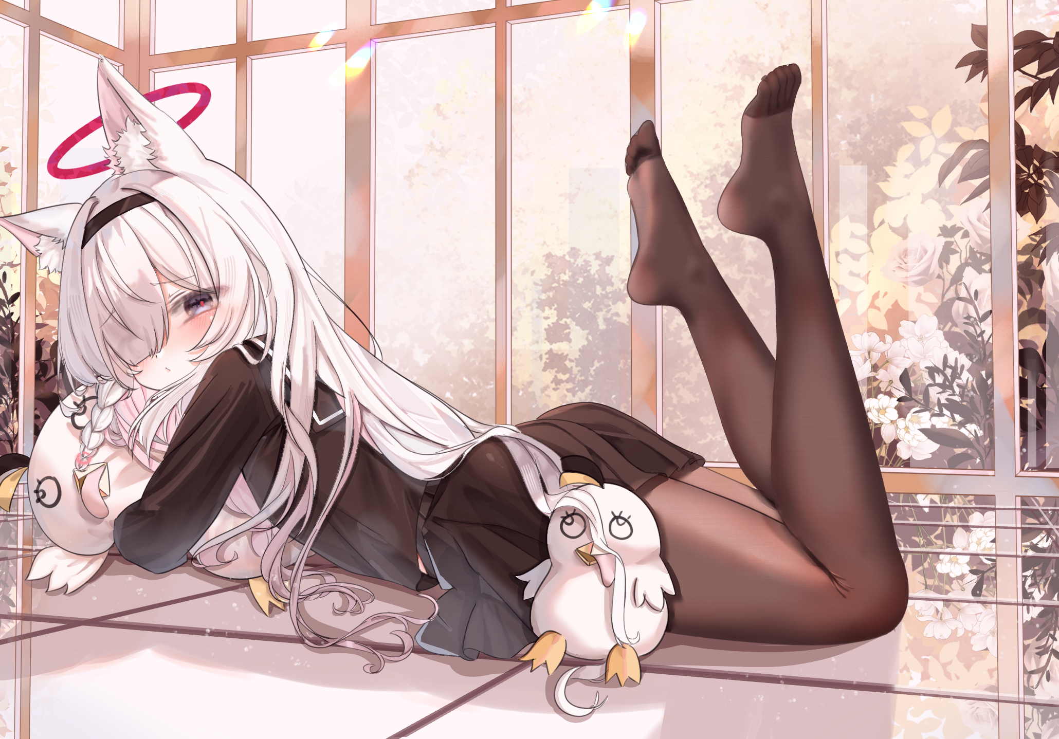 zserty555, peroro (blue archive), plana (blue archive), blue archive, highres, 1girl, animal ears, black hairband, black pantyhose, braid, cat ears, feet, flower, grey eyes, hair over one eye, hairband, halo, helix, holding, holding stuffed toy, long hair, looking at viewer, looking back, lying, midriff peek, miniskirt, multicolored hair, on stomach, pantyhose, pink hair, pink halo, sailor, school uniform, side braid, skirt, soles, solo, stuffed toy, the pose, thighs, toes, two-tone hair, white hair, window
