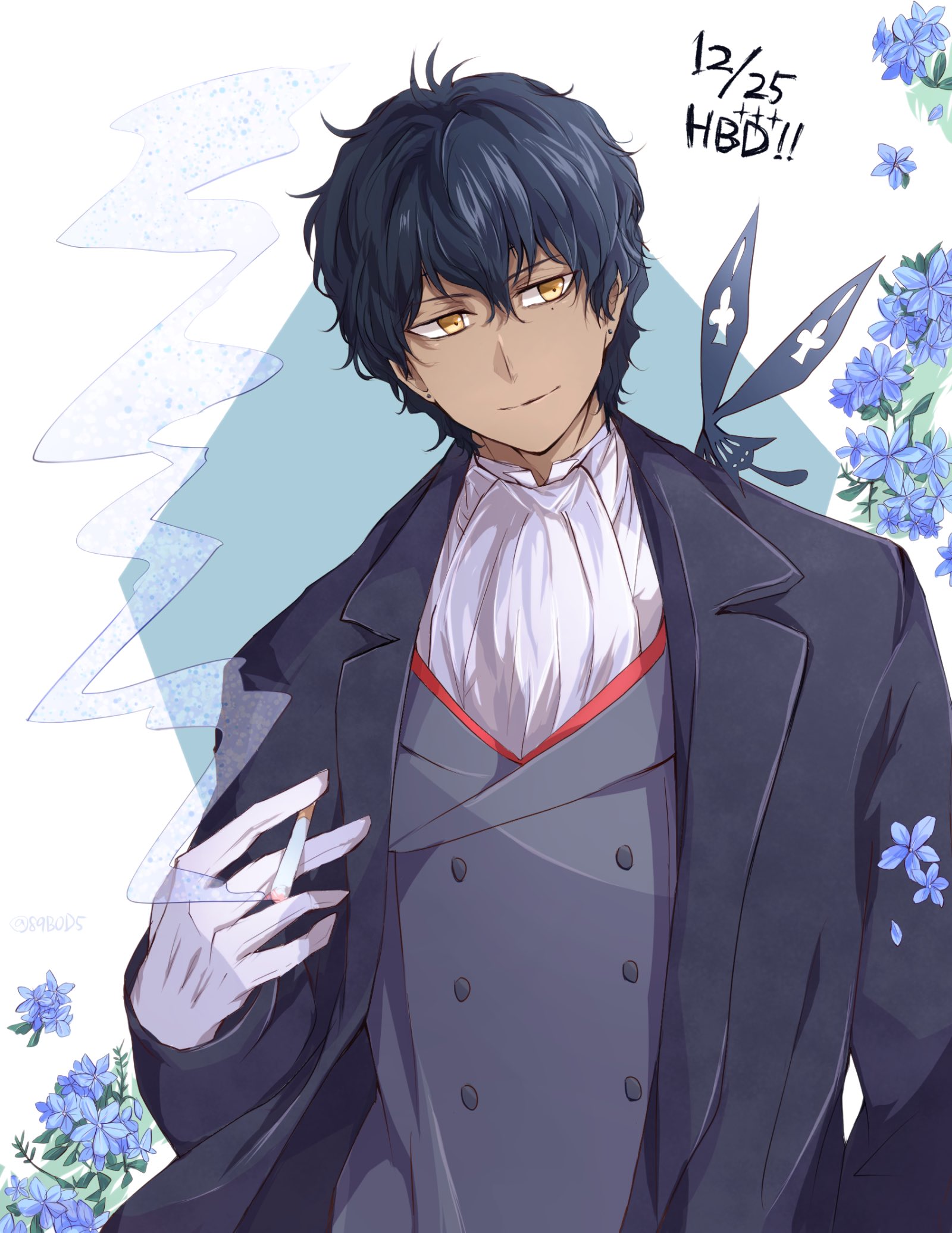 sodamachi, tyki mikk, d.gray-man, highres, 1boy, birthday, black butterfly, black hair, black suit, blue background, blue flower, bug, butterfly, butterfly on shoulder, buttons, cigarette, dark-skinned male, dark skin, dress shirt, earrings, english text, facial mark, flower, forehead mark, formal clothes, gloves, grey vest, hair between eyes, happy birthday, head tilt, holding, holding cigarette, insect, jewelry, looking at animal, looking to the side, male focus, mature male, mole, mole under eye, neckerchief, noah (d.gray-man), shirt, short hair, signature, smile, smoke, solo, striped clothes, striped vest, stud earrings, suit, teez (d.gray-man), twitter username, two-tone background, vest, white background, white gloves, white neckerchief, white shirt, yellow eyes