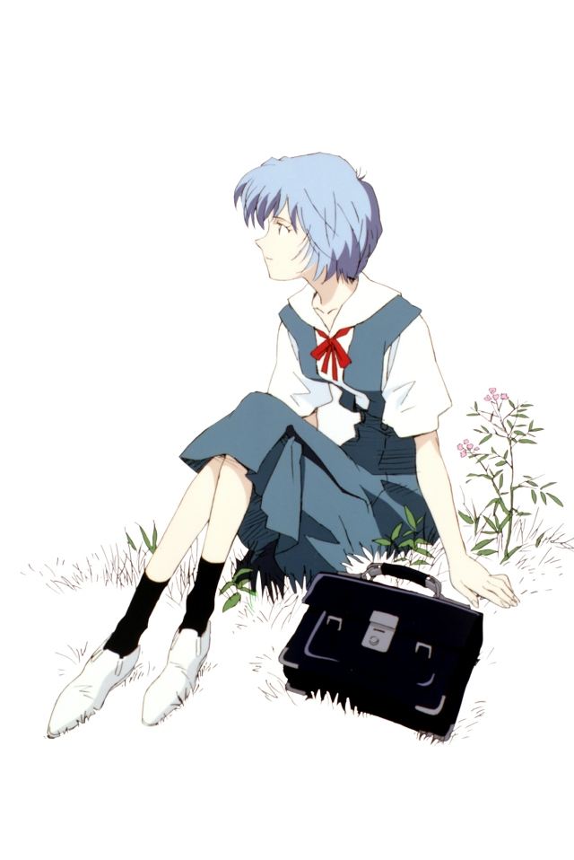 ayanami rei, neon genesis evangelion, bag, blue hair, pale skin, school bag, school uniform, serafuku, short hair, solo
