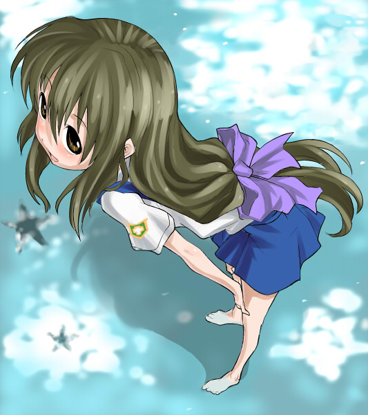 imaichi, ibuki fuuko, clannad, bad id, bad pixiv id, 00s, barefoot, bent over, blush, brown eyes, green hair, long hair, school uniform, serafuku, solo