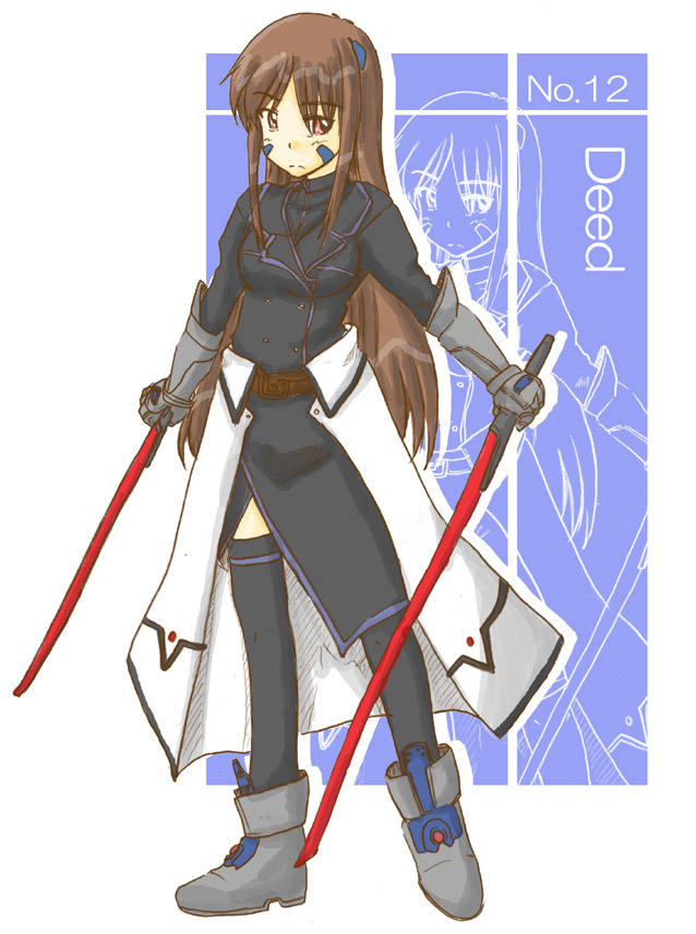 zero point, deed (nanoha), numbers (nanoha), lyrical nanoha, mahou shoujo lyrical nanoha, mahou shoujo lyrical nanoha strikers, 00s, brown hair, gloves, long hair, red eyes, solo, sword, thighhighs, weapon