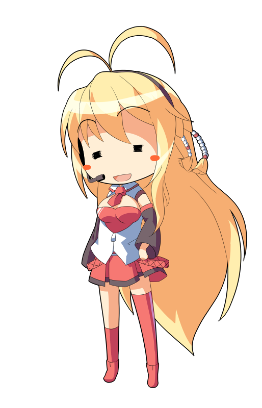 dairi, tsurumaki maki, voiceroid, commentary request, large variant set, variant set, 1girl, :<, :d, = =, antenna hair, big head, black sleeves, blonde hair, blush stickers, boots, breasts, cleavage cutout, closed eyes, clothing cutout, collared shirt, deformed, detached sleeves, facing viewer, full body, hair between eyes, headset, kneehighs, layered shirt, long hair, long sleeves, medium breasts, miniskirt, necktie, open mouth, red boots, red necktie, red shirt, red skirt, red socks, red thighhighs, shirt, single sock, single thighhigh, skirt, smile, socks, solo, standing, tachi-e, thighhighs, very long hair, white shirt, wing collar