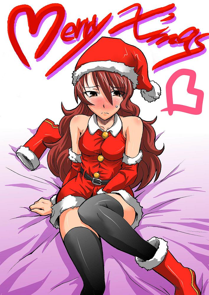 segami daisuke, kirijou mitsuru, atlus, persona, persona 3, 1girl, bed, blush, boots, breasts, christmas, cleavage, elbow gloves, female focus, gloves, hat, large breasts, long hair, red hair, santa costume, santa hat, shoes, single shoe, solo, sweat, thighhighs
