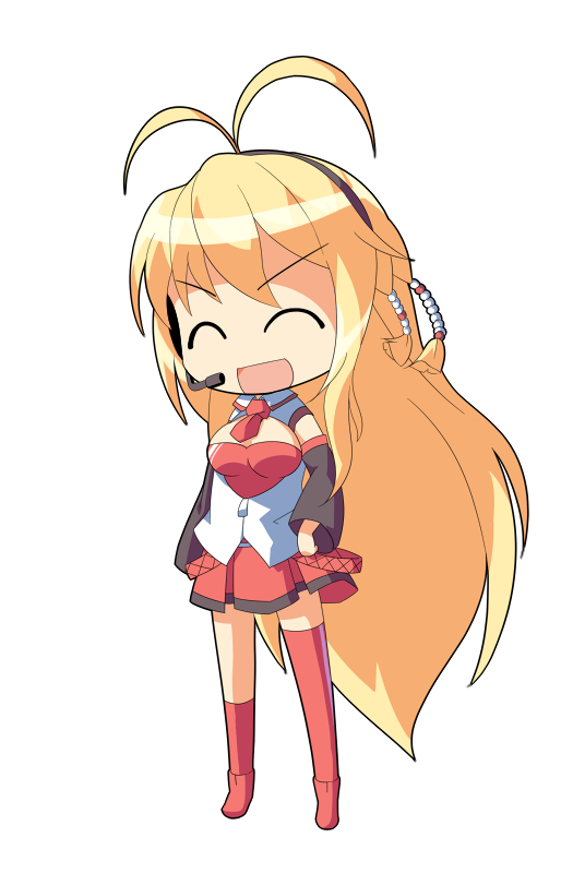 dairi, tsurumaki maki, voiceroid, commentary request, large variant set, variant set, 1girl, :d, ^ ^, antenna hair, big head, black sleeves, blonde hair, boots, breasts, cleavage cutout, closed eyes, clothing cutout, collared shirt, deformed, detached sleeves, facing viewer, full body, hair between eyes, headset, kneehighs, layered shirt, long hair, long sleeves, medium breasts, miniskirt, necktie, open mouth, red boots, red necktie, red shirt, red skirt, red socks, red thighhighs, shirt, single sock, single thighhigh, skirt, smile, socks, solo, standing, tachi-e, thighhighs, v-shaped eyebrows, very long hair, white shirt, wing collar