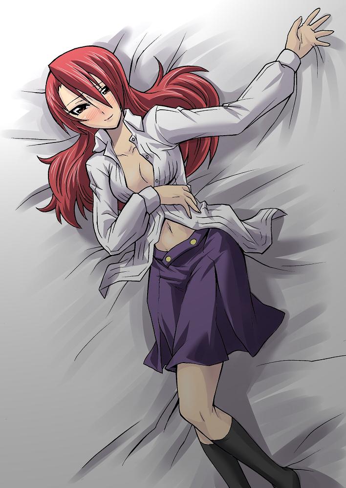 segami daisuke, kirijou mitsuru, atlus, persona, persona 3, 1girl, bed, blush, breasts, cleavage, female focus, hair over one eye, long hair, lying, midriff, open clothes, open shirt, red hair, school uniform, serafuku, shirt, skirt, smile, solo