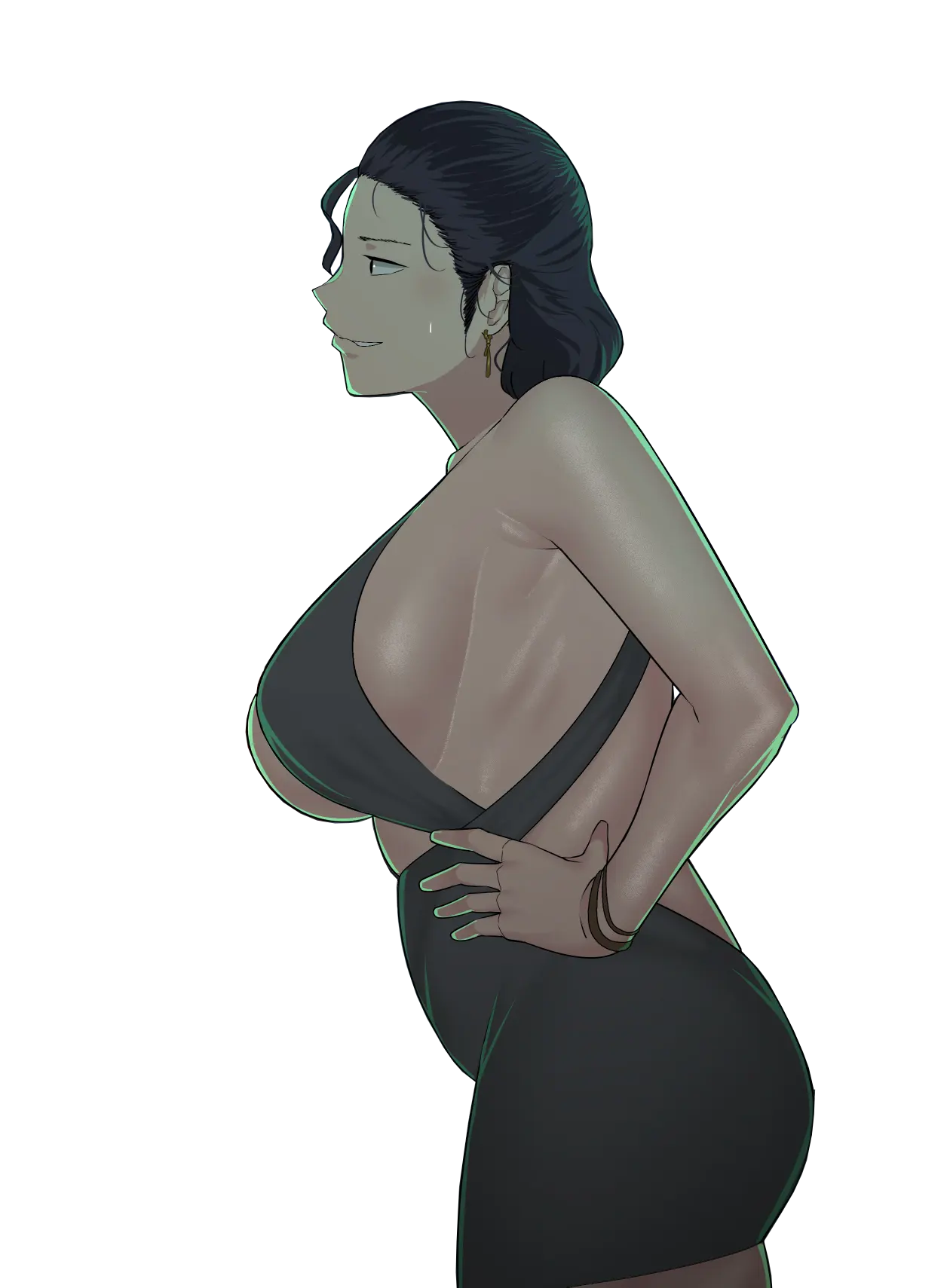 ntrman, original, highres, 1girl, ass, blue hair, breasts, dress, forehead, from side, hair pulled back, hand on own hip, large breasts, legs, mature female, medium hair, parted lips, seductive gaze, seductive smile, sideboob, smile, solo, sweat, teeth, thighs, toned