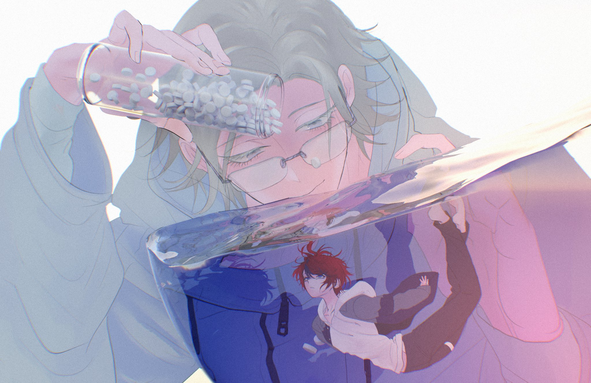 aotsuki eito, sumino takumi, the hundred line -last defense academy-, commentary request, highres, 2boys, black jacket, black streaks, blister pack, blue eyes, bottle, cano suv, glasses, grey eyes, grey hair, grey jacket, hood, hoodie, jacket, jacket over hoodie, looking at another, male focus, multicolored hair, multicolored jacket, multiple boys, pill, pouring, red hair, shirt, short hair, streaked hair, two-tone jacket, underwater, white background, white hoodie, white jacket, white shirt