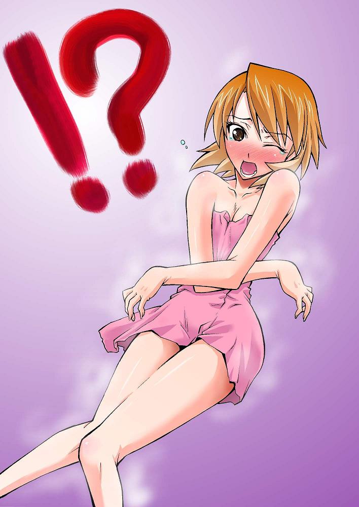 segami daisuke, takeba yukari, atlus, persona, persona 3, !, !?, ?, bare shoulders, blush, brown eyes, brown hair, legs, naked towel, short hair, solo, steam, surprised, tears, towel