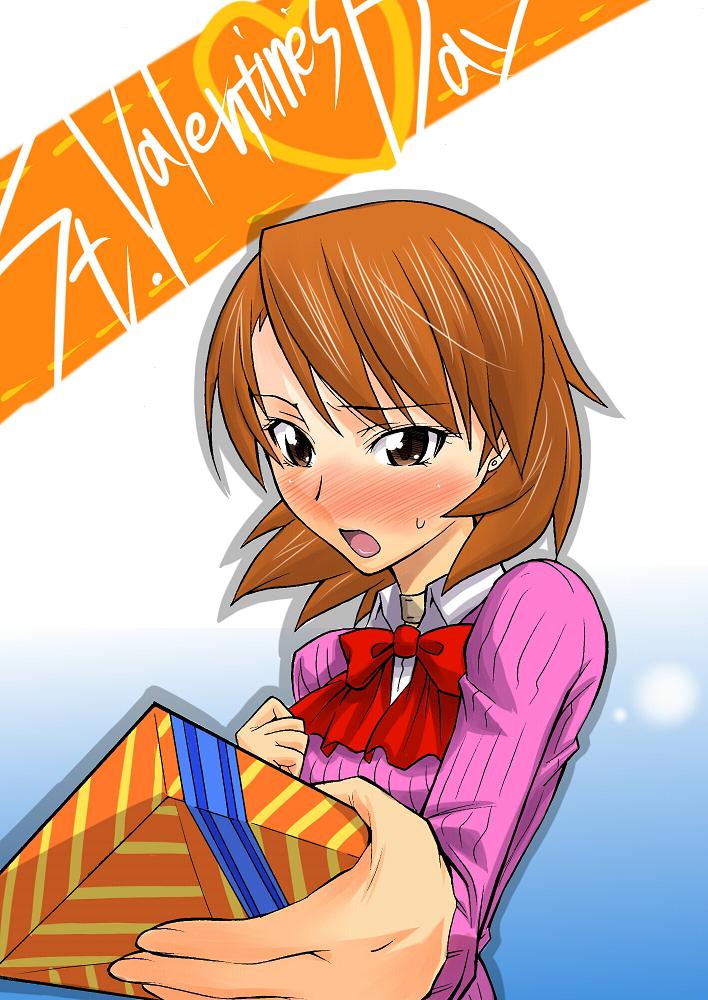 segami daisuke, takeba yukari, atlus, persona, persona 3, 1girl, blush, bow, brown eyes, brown hair, cardigan, choker, female focus, gift, holding, holding gift, ribbon, school uniform, serafuku, short hair, solo, valentine