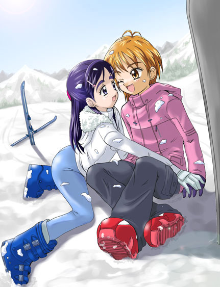 misumi nagisa, yukishiro honoka, futari wa precure, precure, 00s, 2girls, coat, multiple girls, skis, snow, wink, winter