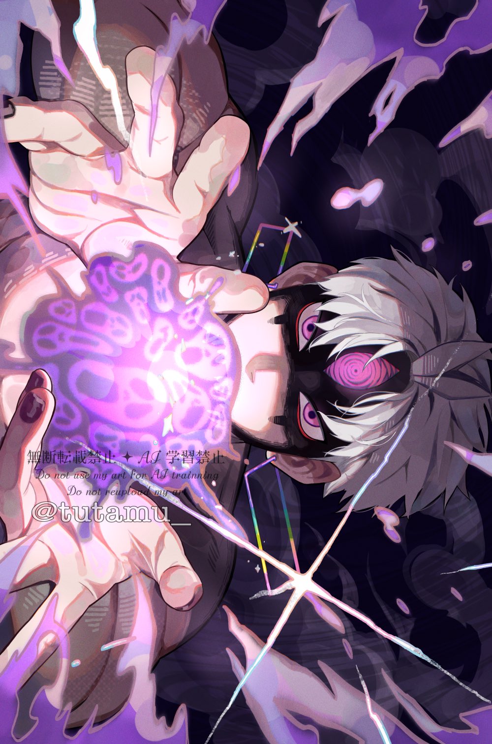enjoji jin, evil eye (dandadan), dandadan, commentary request, highres, 1boy, black nails, earrings, glint, jewelry, looking at viewer, male focus, outstretched arms, possessed, purple eyes, short hair, solo, sparkle, straight-on, third eye, topless male, tutamu, twitter username, upper body, white hair