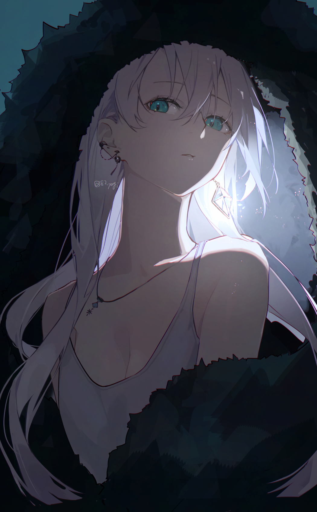 yagi (shiro yagi), original, highres, 1girl, aqua eyes, earrings, fur (clothing), jewelry, long hair, looking at viewer, solo, upper body, white hair