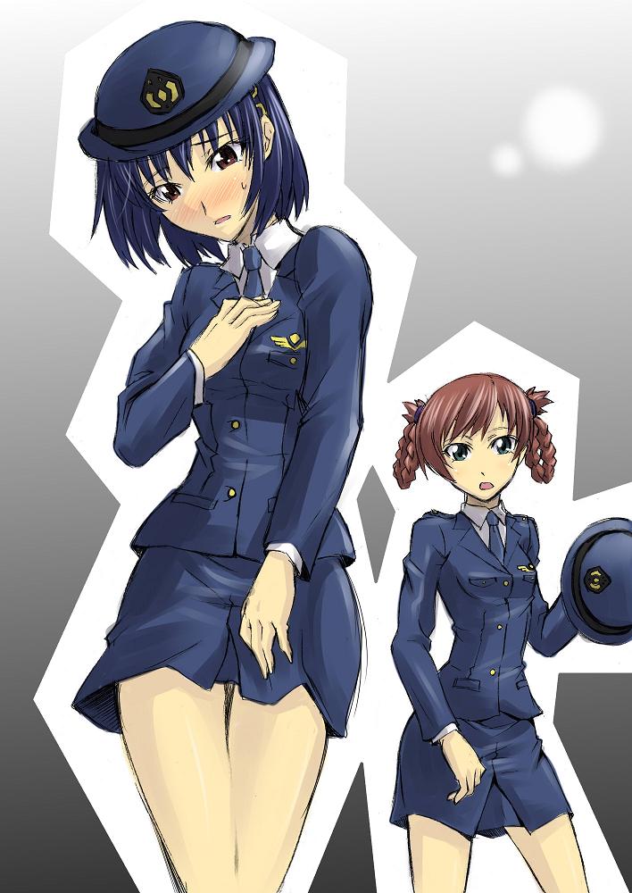segami daisuke, kayano megumi, morimoto kanaru, atlus, persona, persona trinity soul, 00s, 2girls, blue hair, blush, braid, brown hair, hat, multiple girls, necktie, pencil skirt, police, police uniform, short hair, skirt, twin braids