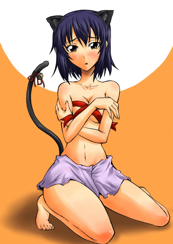 segami daisuke, morimoto kanaru, atlus, persona, persona trinity soul, breast hold, 00s, 1girl, animal ears, barefoot, bell, blue hair, blush, breasts, cat ears, cat tail, cleavage, covering breasts, covering privates, female focus, kneeling, navel, open mouth, ribbon, skirt, solo, tail, topless female