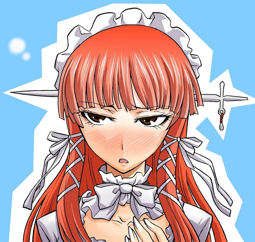 segami daisuke, yoshino chidori, atlus, persona, persona 3, blush, bow, brown eyes, choker, gothic lolita, hair ribbon, hairband, lolita fashion, long hair, red hair, ribbon, solo