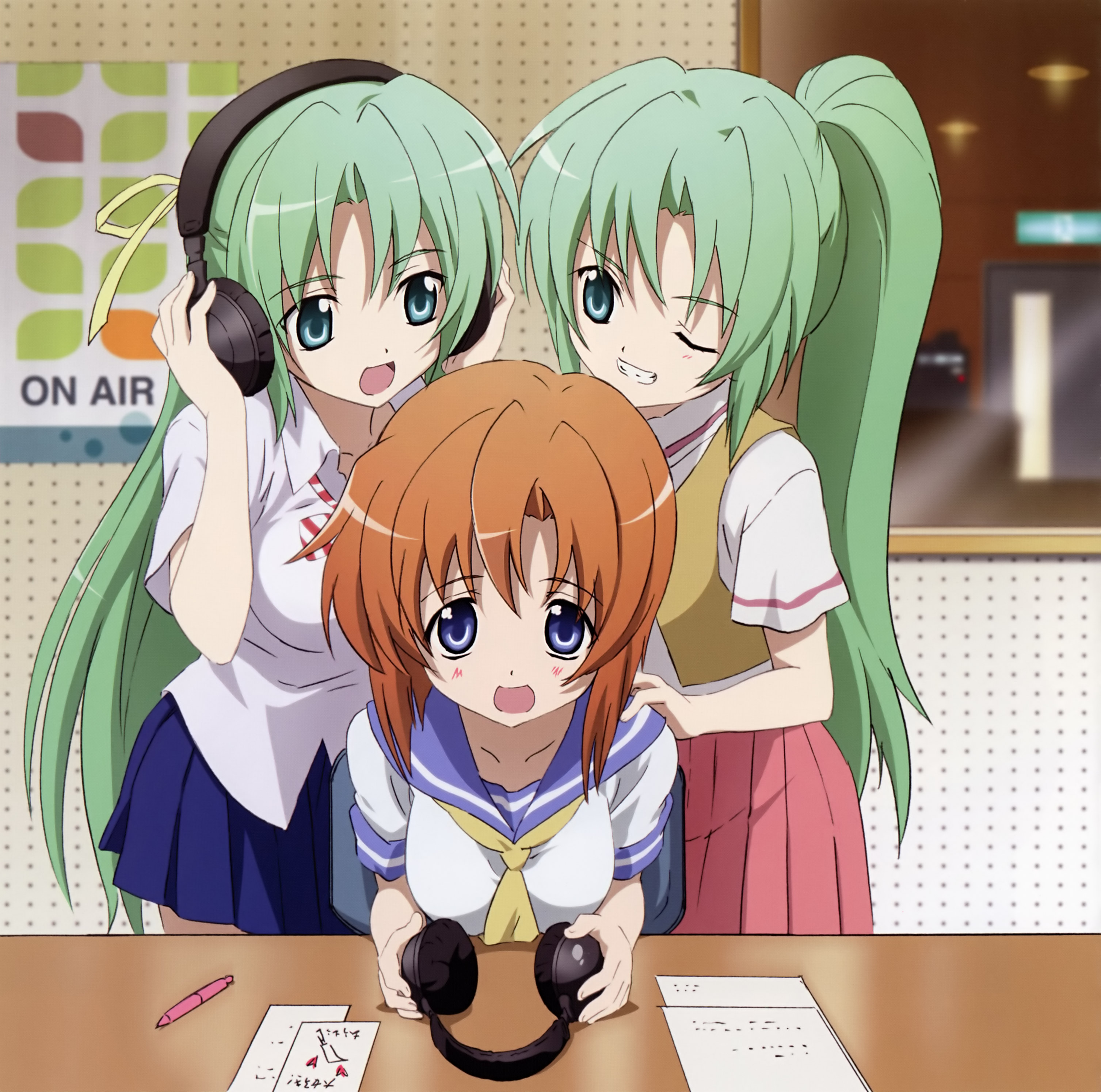 sakai kyuuta, ryuuguu rena, sonozaki mion, sonozaki shion, higurashi no naku koro ni, absurdres, highres, scan, 00s, 3girls, blue eyes, brown hair, green eyes, green hair, headphones, long hair, multiple girls, one eye closed, pen, radio booth, school uniform, serafuku, siblings, sisters, skirt, table, twins, wink