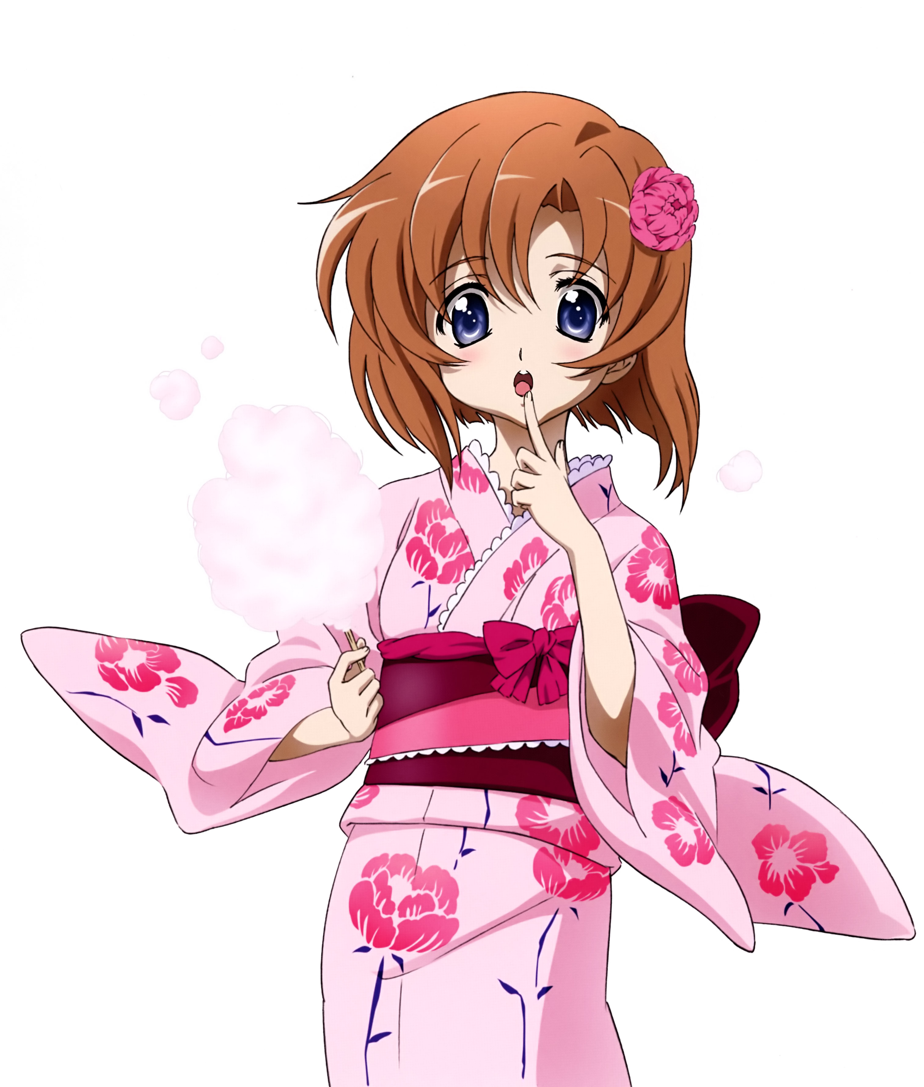 sakai kyuuta, ryuuguu rena, higurashi no naku koro ni, absurdres, highres, official art, scan, 00s, 1girl, :o, blue eyes, blush, bow, cotton candy, female focus, finger to mouth, flower, food, hair flower, hair ornament, holding, holding cotton candy, holding food, japanese clothes, kimono, obi, open mouth, pink kimono, sash, simple background, solo, sweets, wide sleeves, yukata